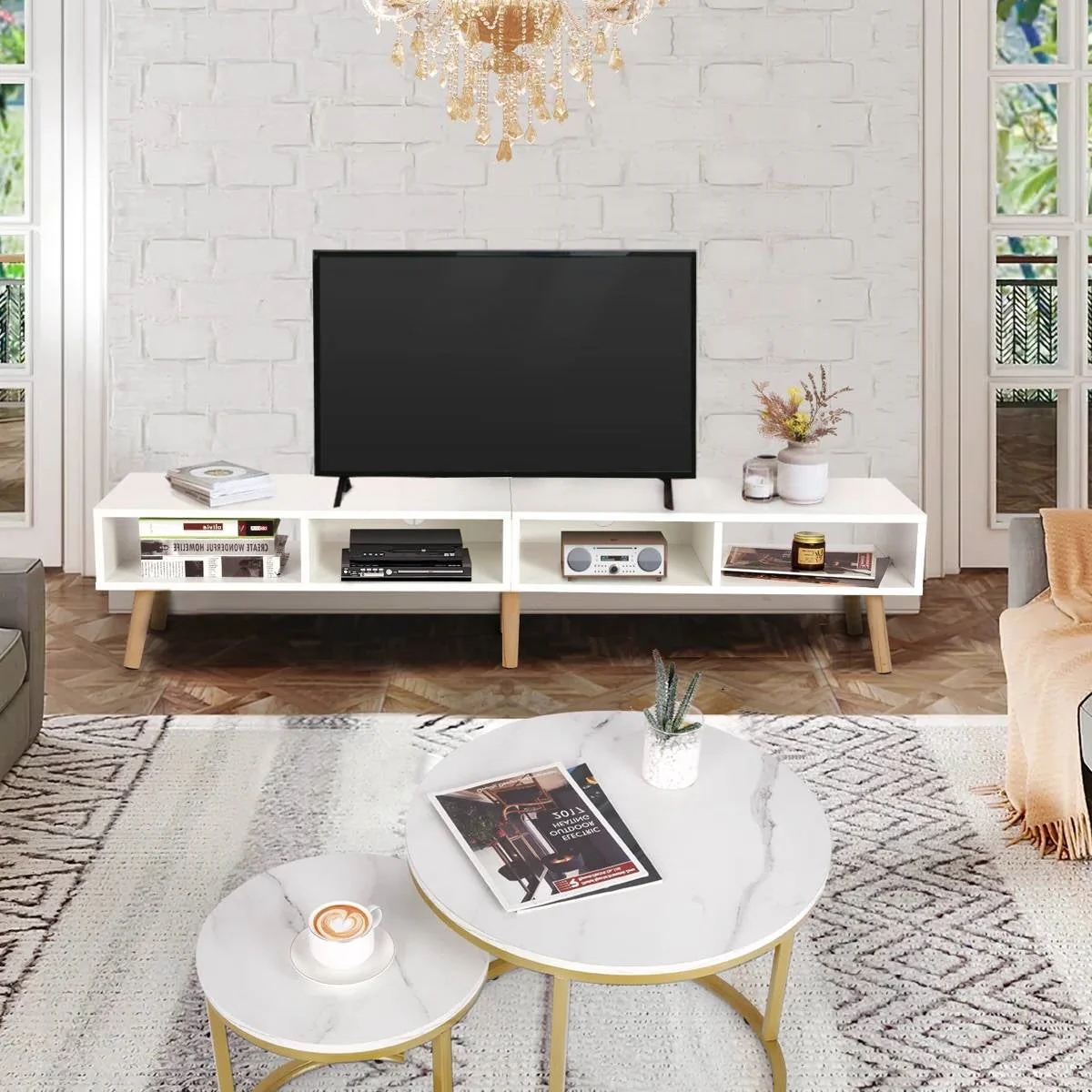 Modern Mid-Century Style TV Stand in White with Wood Legs for TVs up to 65-inch - Image 2