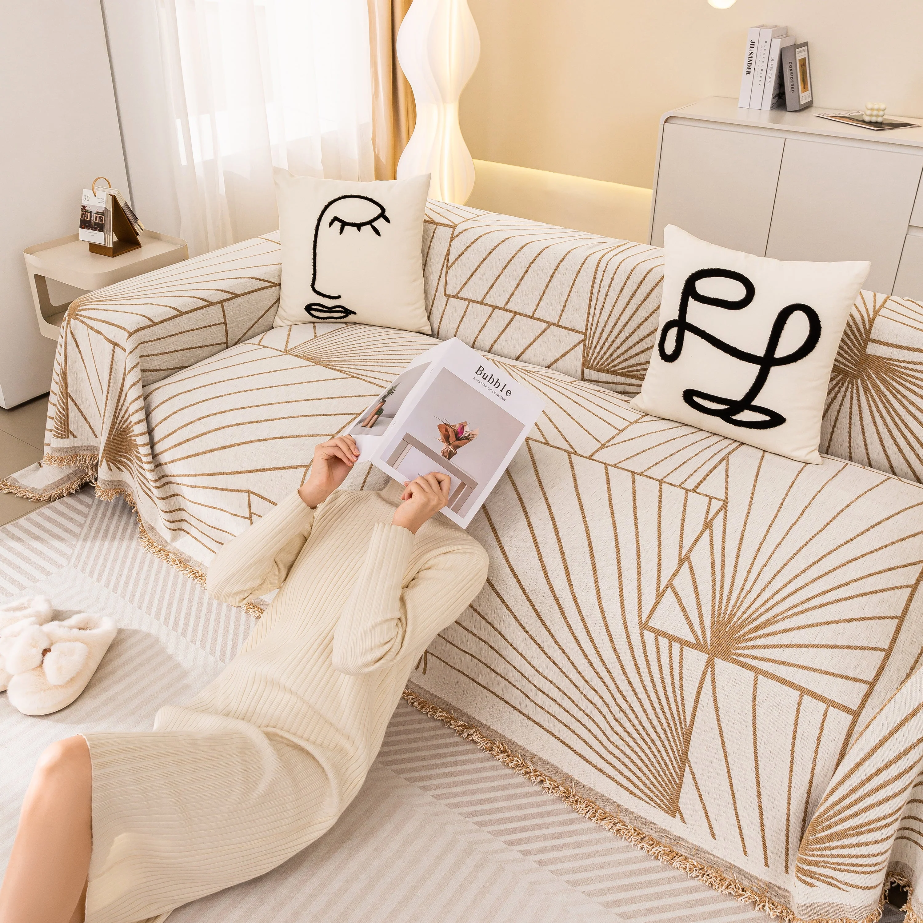 Modern Minimalist Chenille Line Pattern Sofa Cover, Dust and Scratch Resistant Throw Blankets for Couch - Image 20