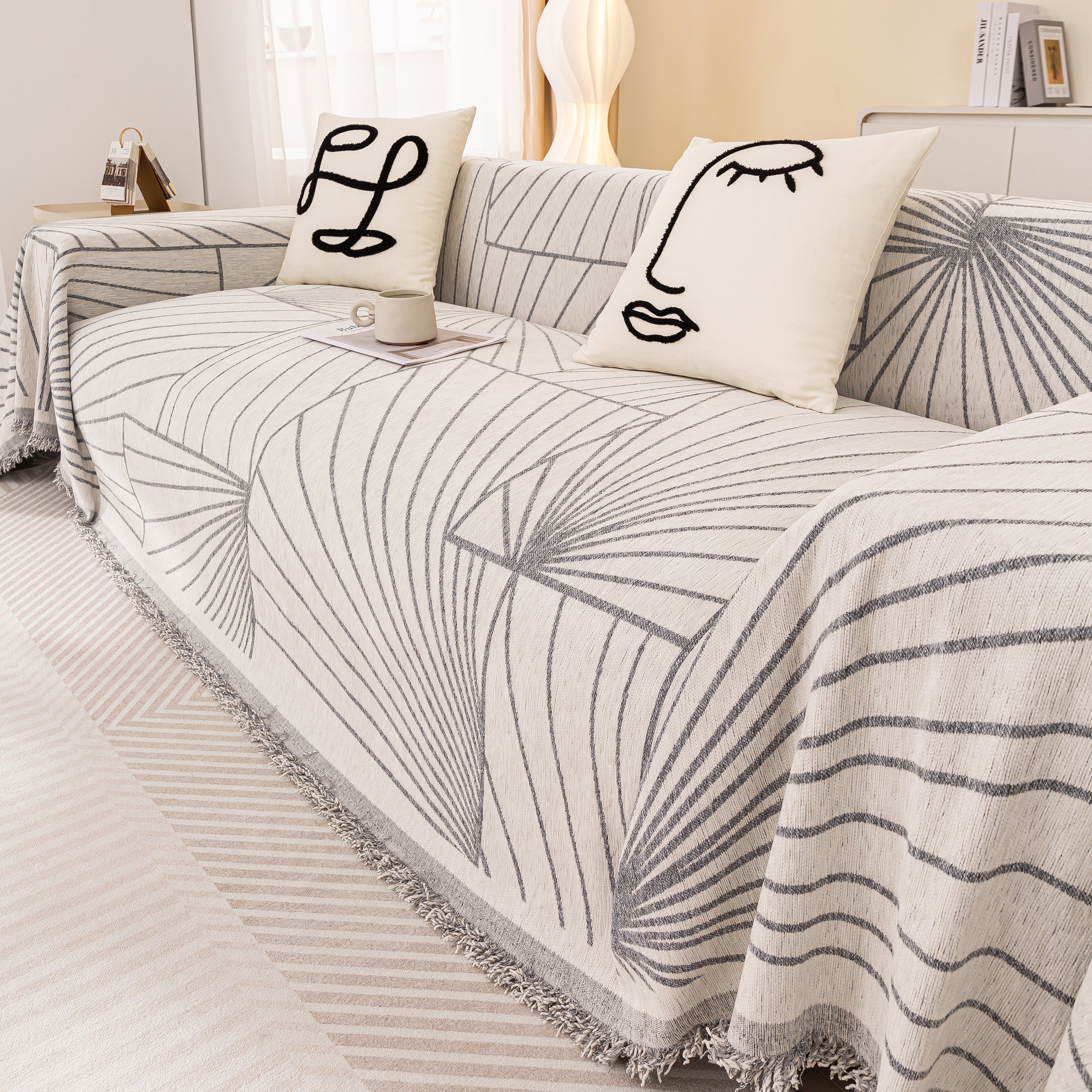 Modern Minimalist Chenille Line Pattern Sofa Cover, Dust and Scratch Resistant Throw Blankets for Couch - Image 37