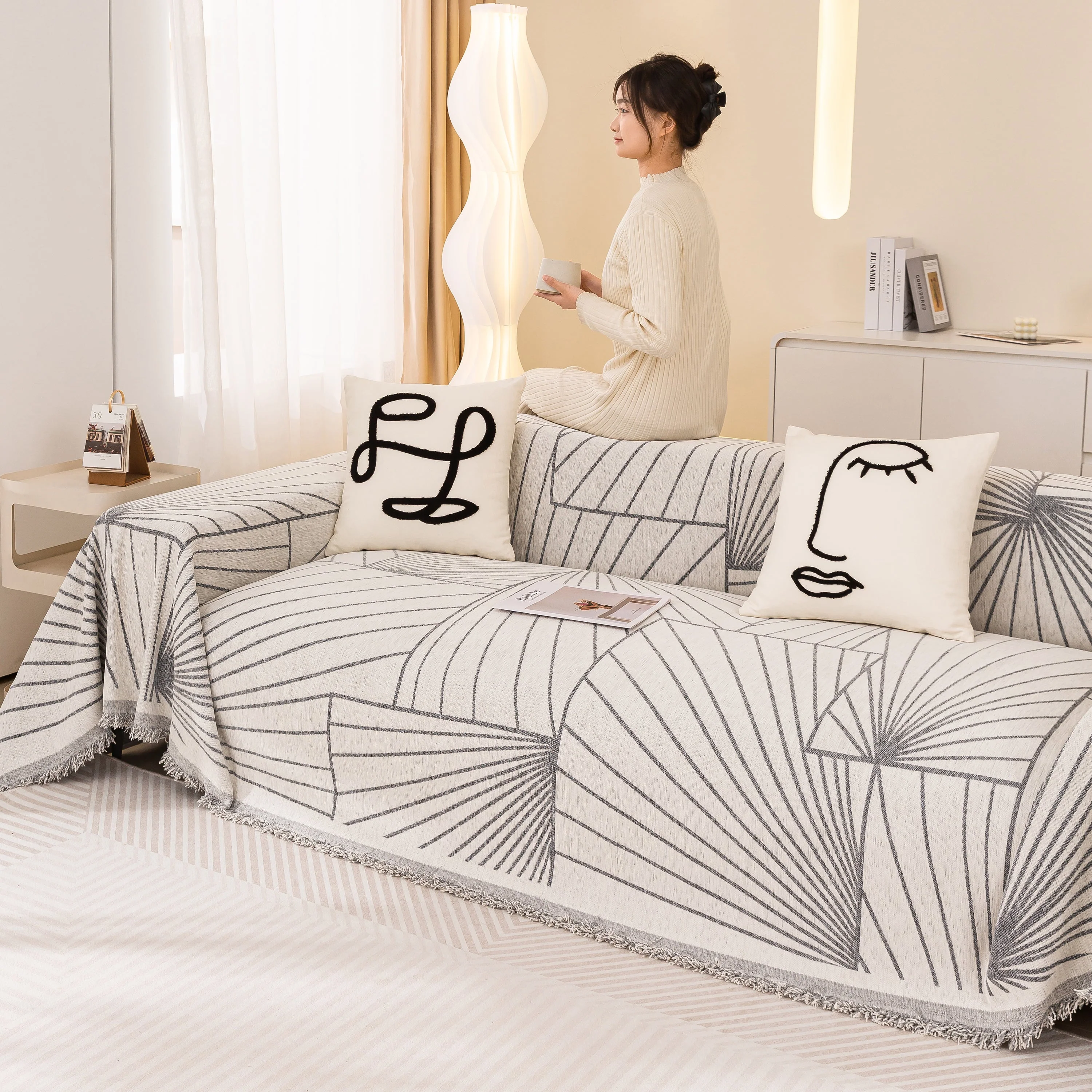 Modern Minimalist Chenille Line Pattern Sofa Cover, Dust and Scratch Resistant Throw Blankets for Couch - Image 38