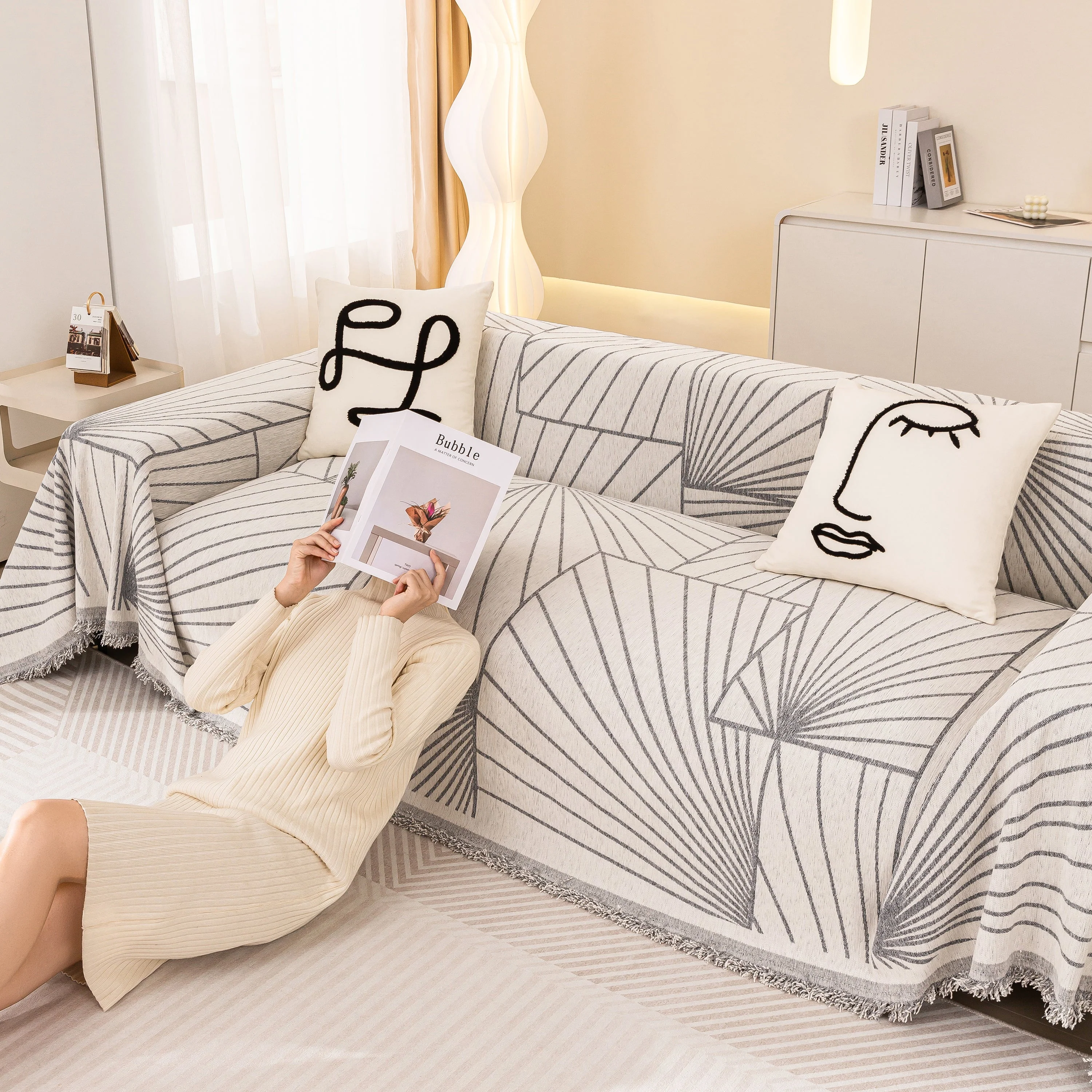 Modern Minimalist Chenille Line Pattern Sofa Cover, Dust and Scratch Resistant Throw Blankets for Couch - Image 39