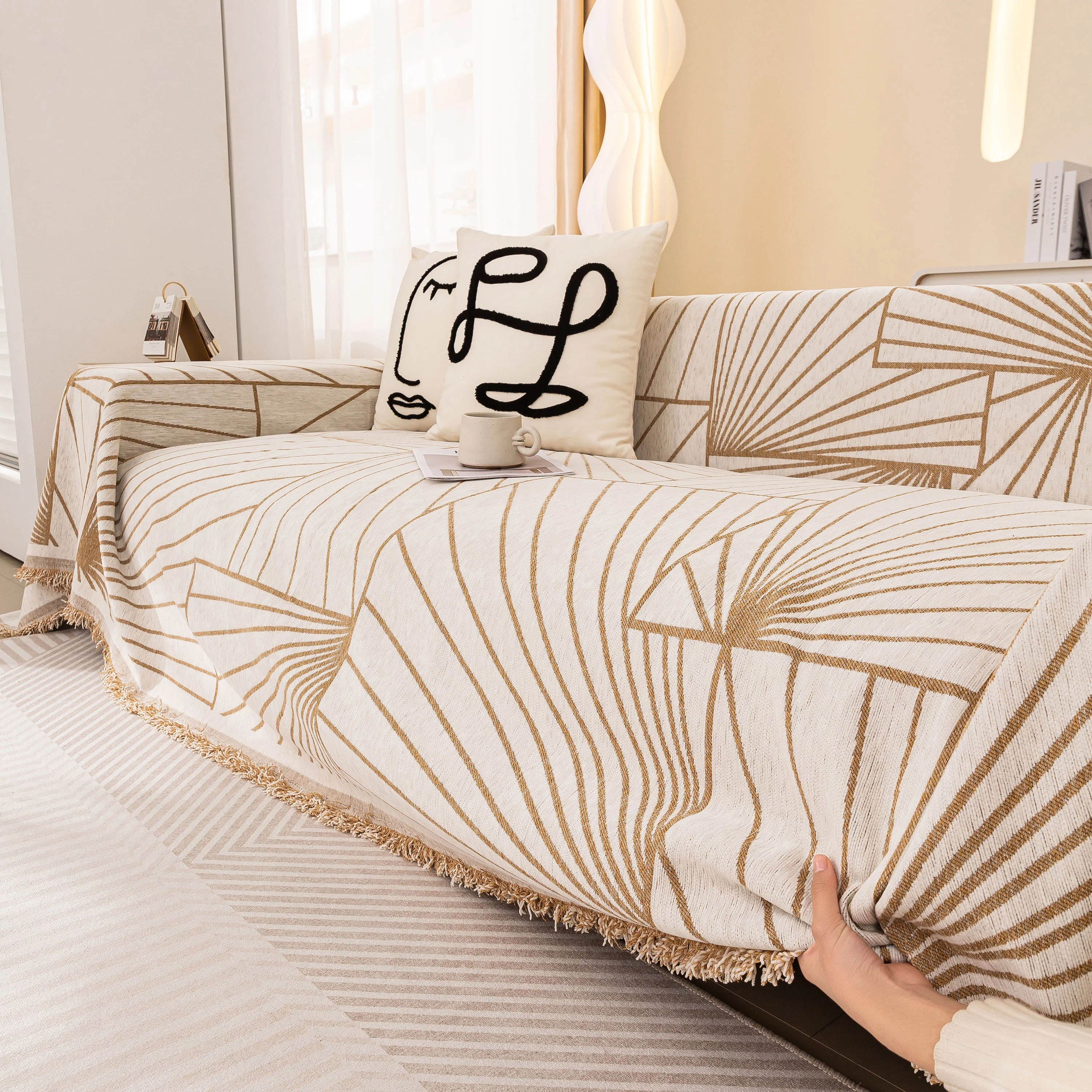 Modern Minimalist Chenille Line Pattern Sofa Cover, Dust and Scratch Resistant Throw Blankets for Couch - Image 4