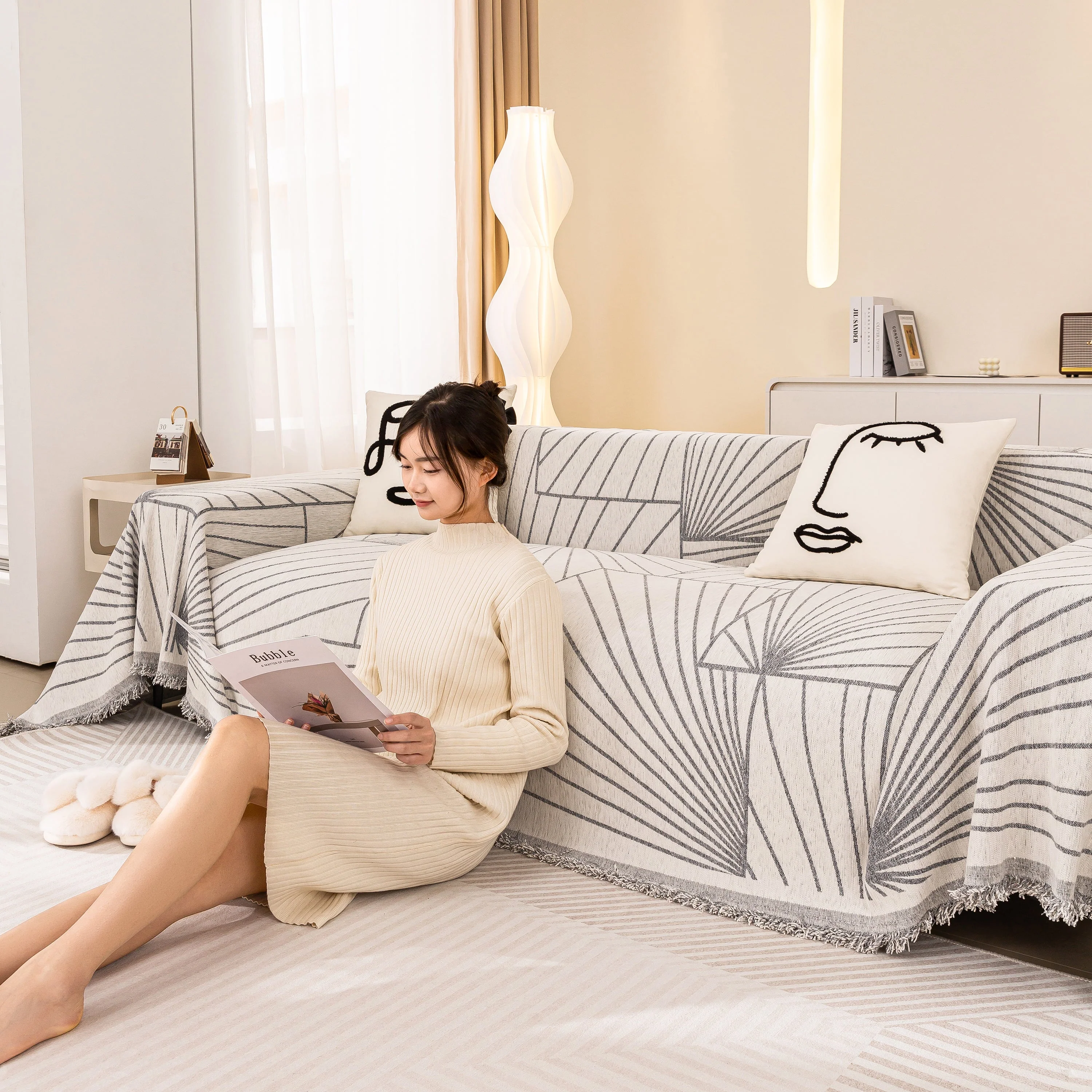 Modern Minimalist Chenille Line Pattern Sofa Cover, Dust and Scratch Resistant Throw Blankets for Couch - Image 40