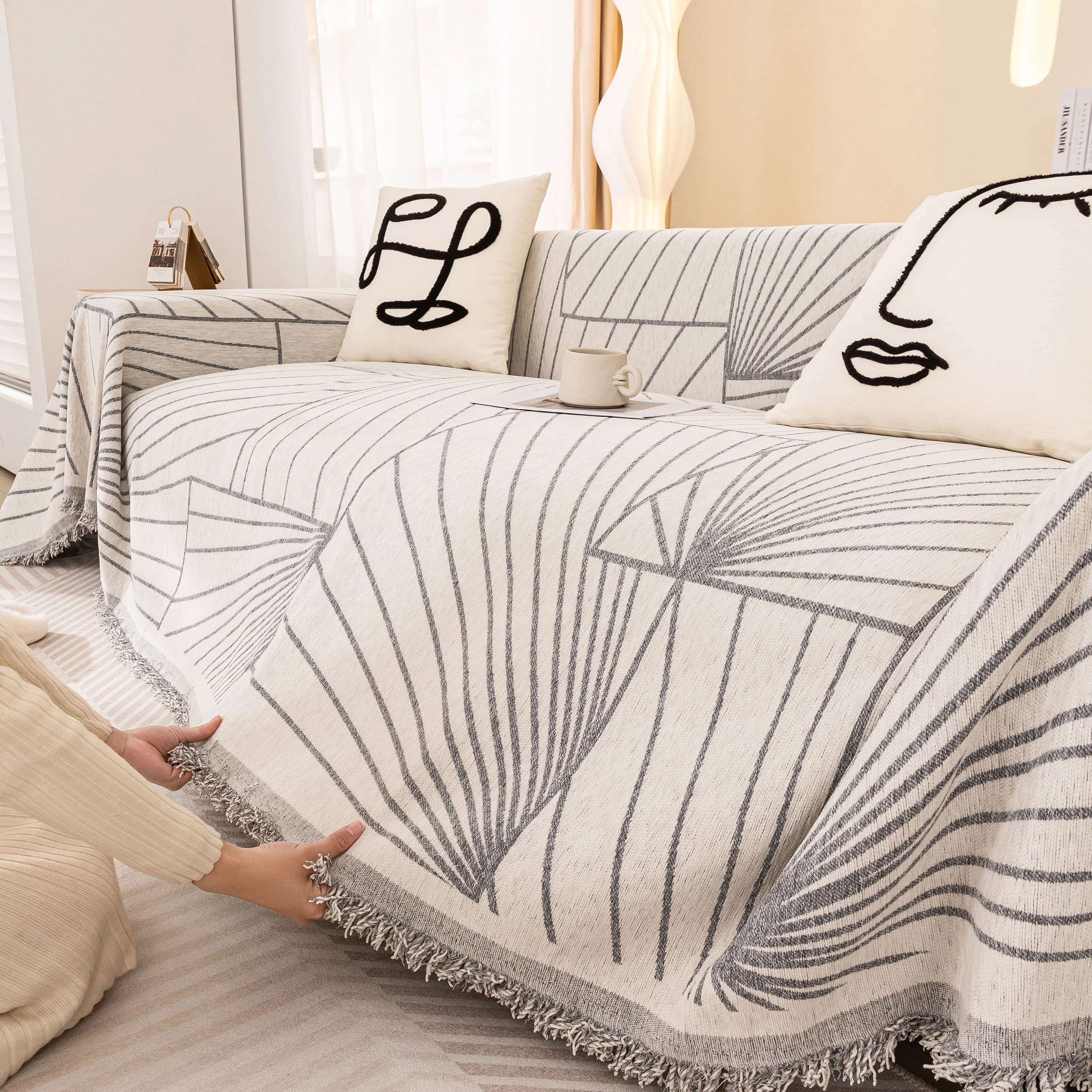 Modern Minimalist Chenille Line Pattern Sofa Cover, Dust and Scratch Resistant Throw Blankets for Couch - Image 41