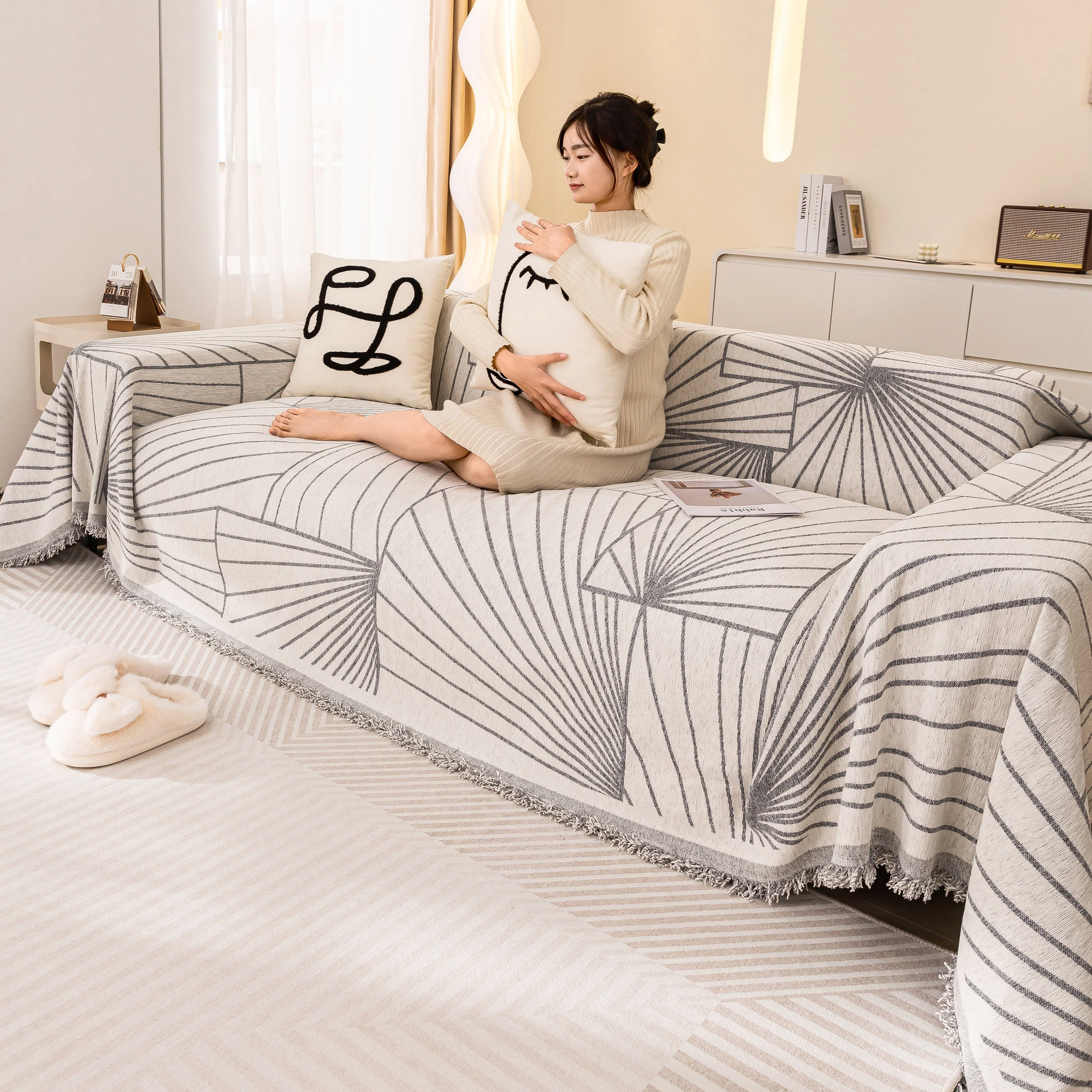 Modern Minimalist Chenille Line Pattern Sofa Cover, Dust and Scratch Resistant Throw Blankets for Couch - Image 45