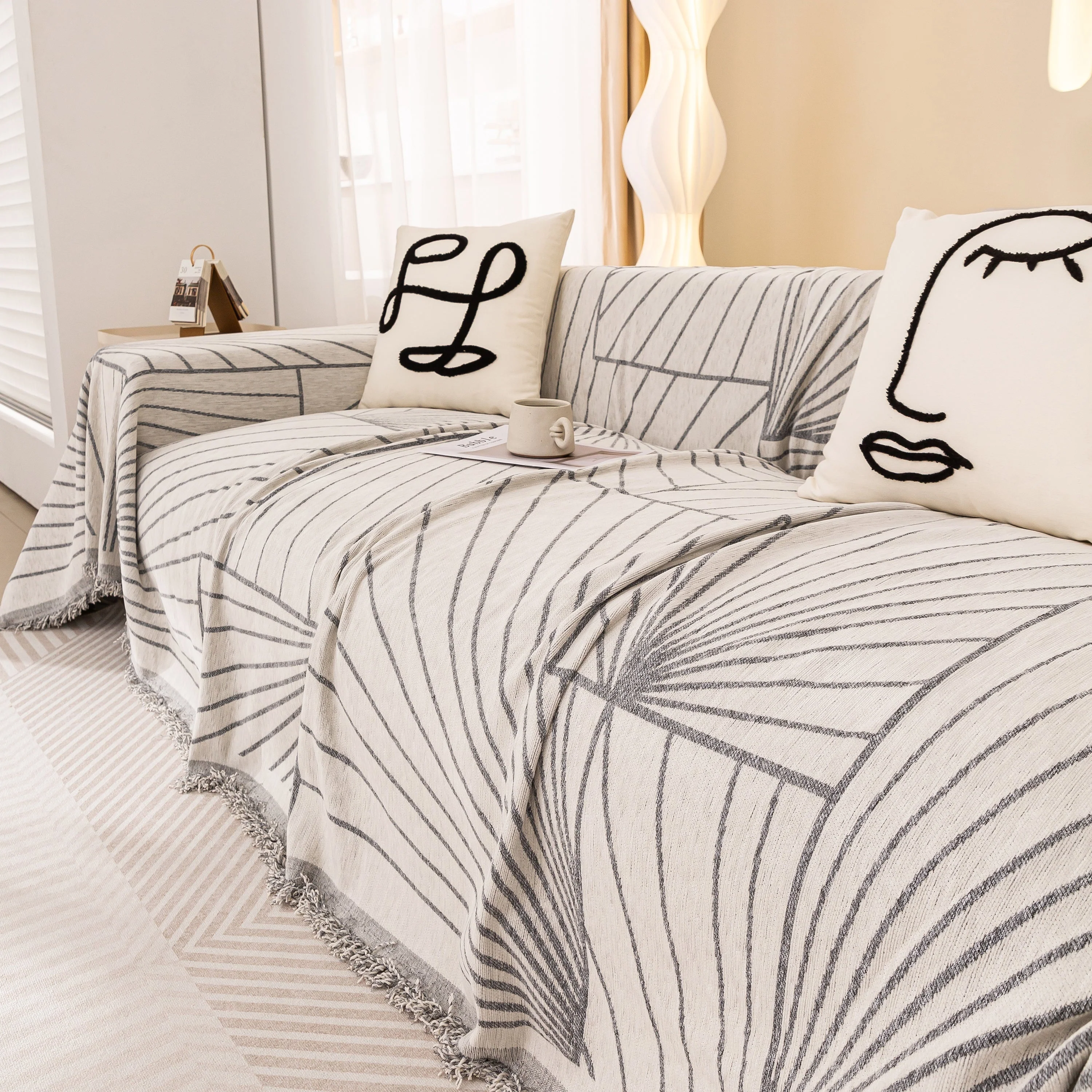 Modern Minimalist Chenille Line Pattern Sofa Cover, Dust and Scratch Resistant Throw Blankets for Couch - Image 47