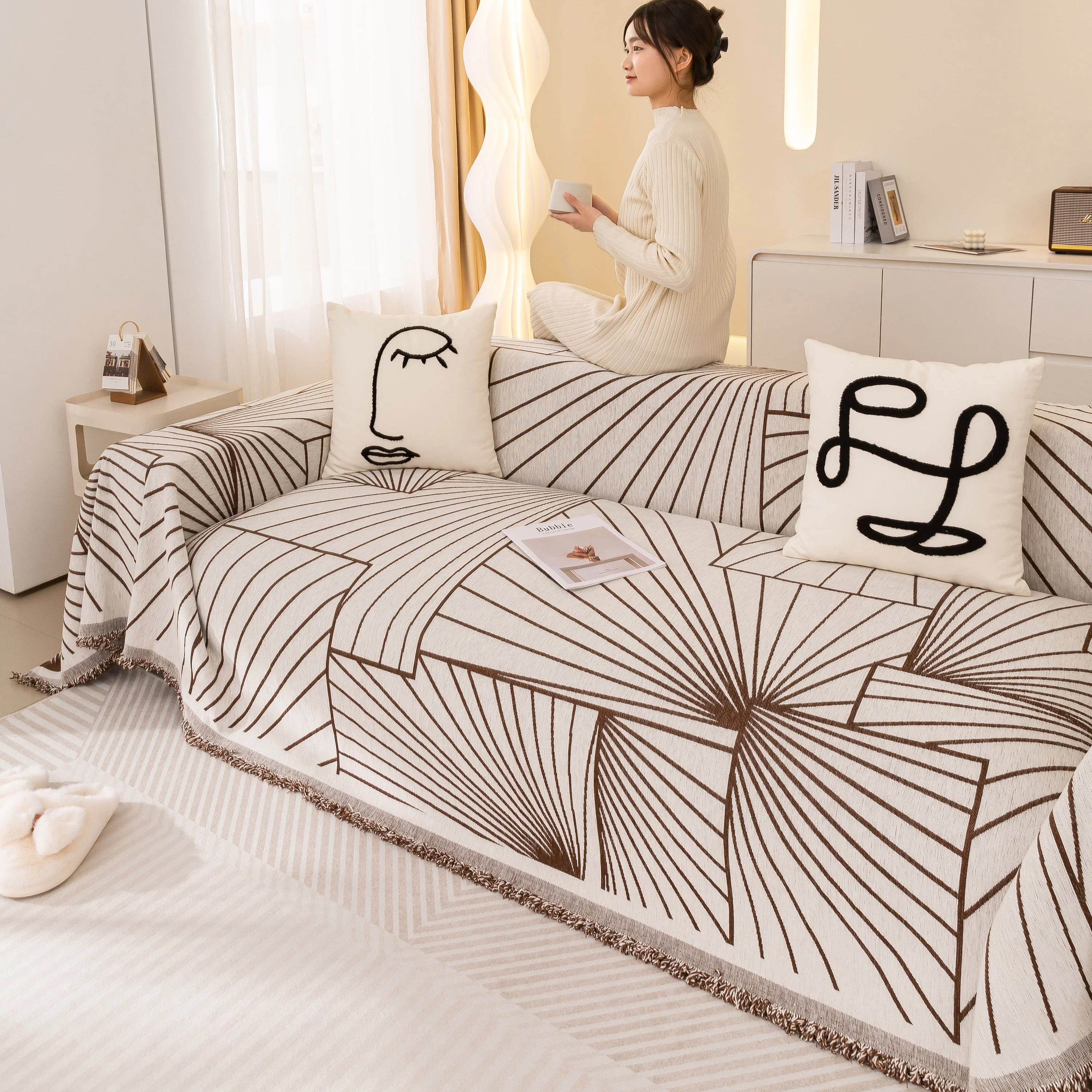 Modern Minimalist Chenille Line Pattern Sofa Cover, Dust and Scratch Resistant Throw Blankets for Couch - Image 92