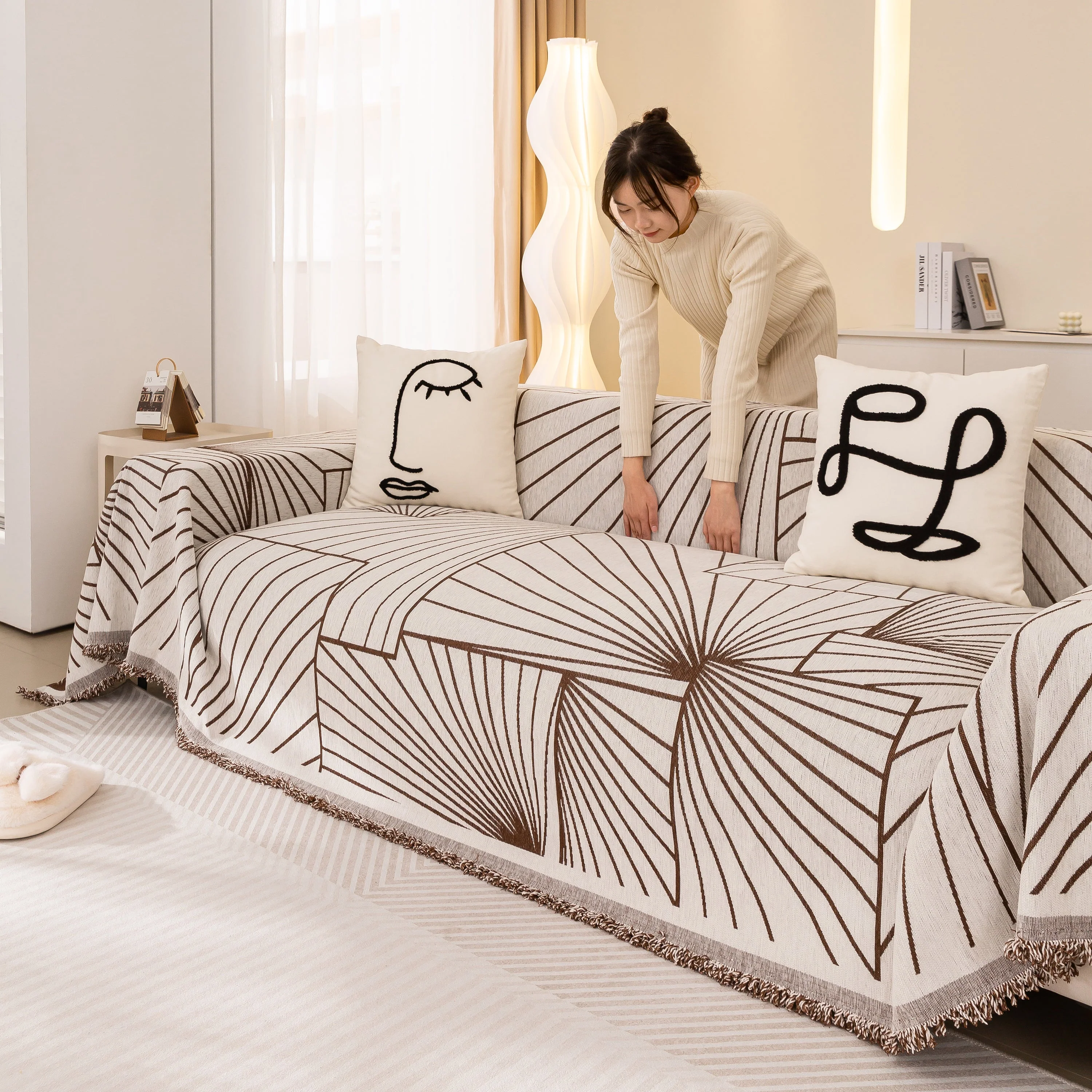 Modern Minimalist Chenille Line Pattern Sofa Cover, Dust and Scratch Resistant Throw Blankets for Couch - Image 93
