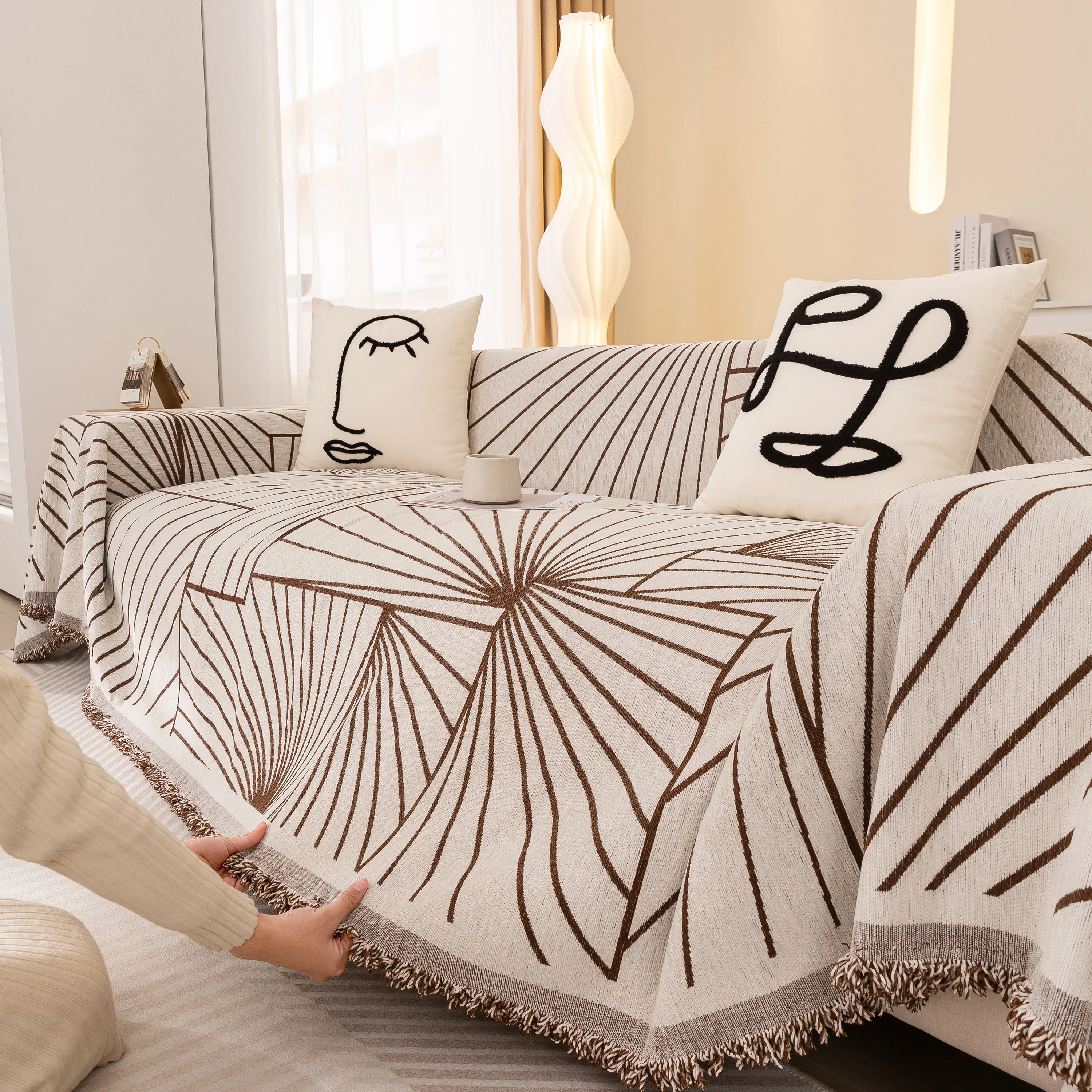 Modern Minimalist Chenille Line Pattern Sofa Cover, Dust and Scratch Resistant Throw Blankets for Couch - Image 98