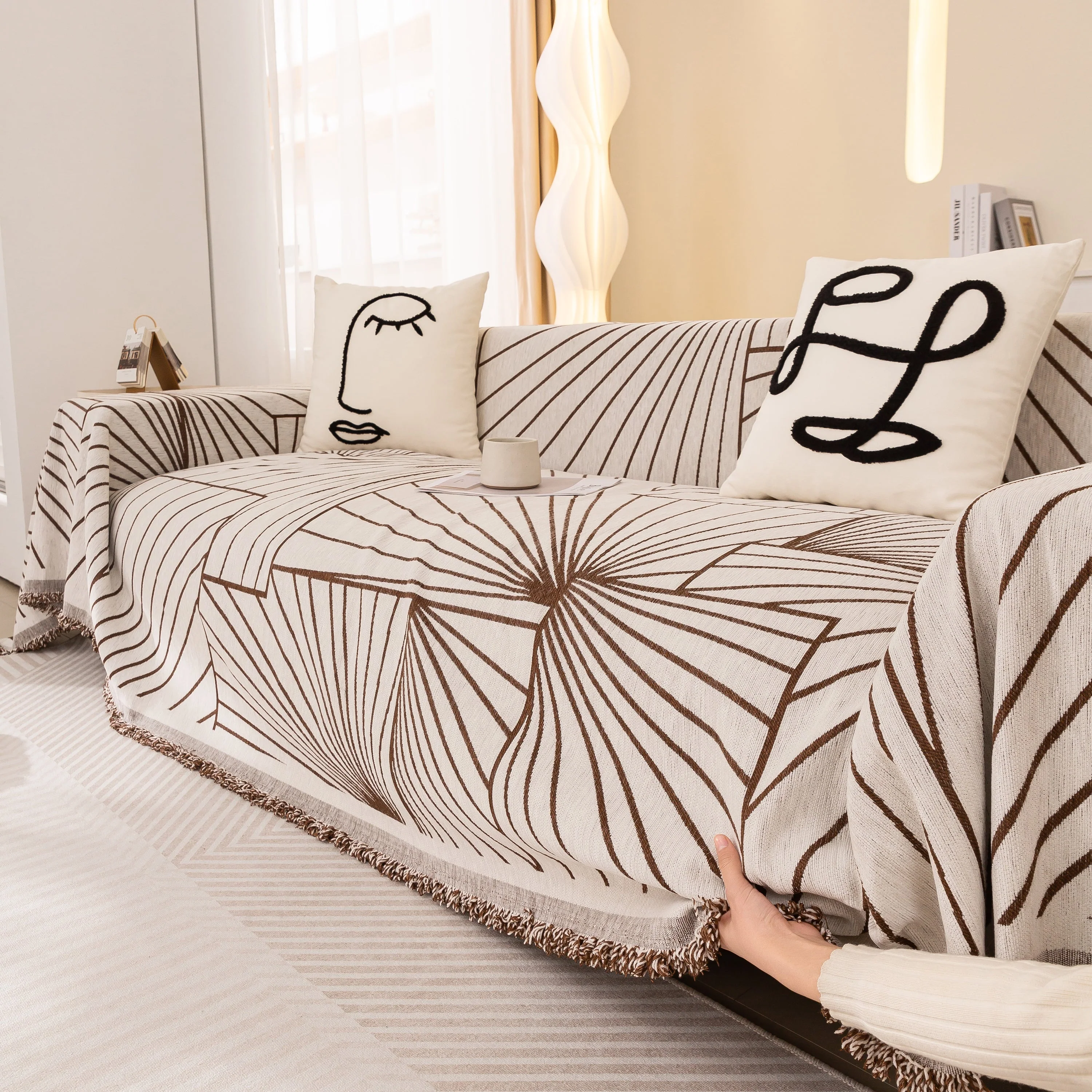 Modern Minimalist Chenille Line Pattern Sofa Cover, Dust and Scratch Resistant Throw Blankets for Couch - Image 99