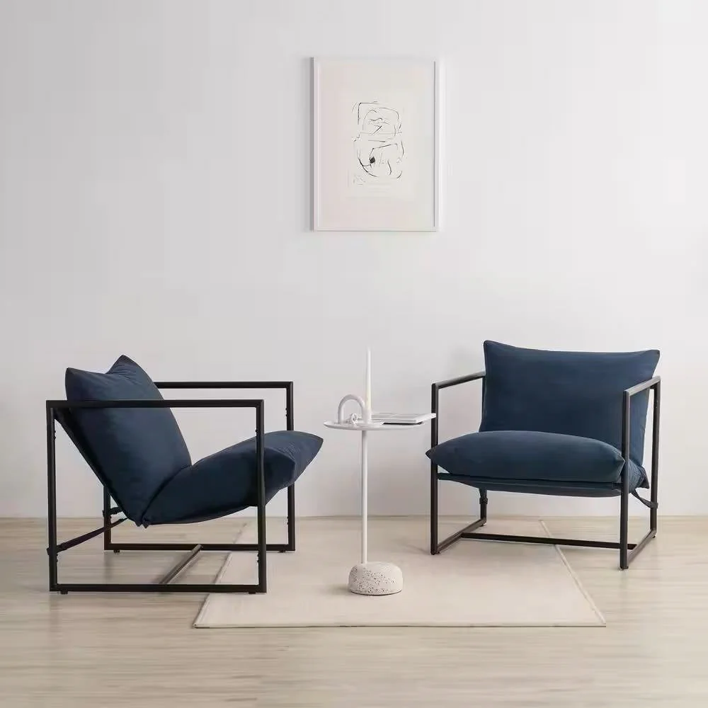 Modern Navy Blue Upholstered Accent Chair with Metal Frame - Image 2