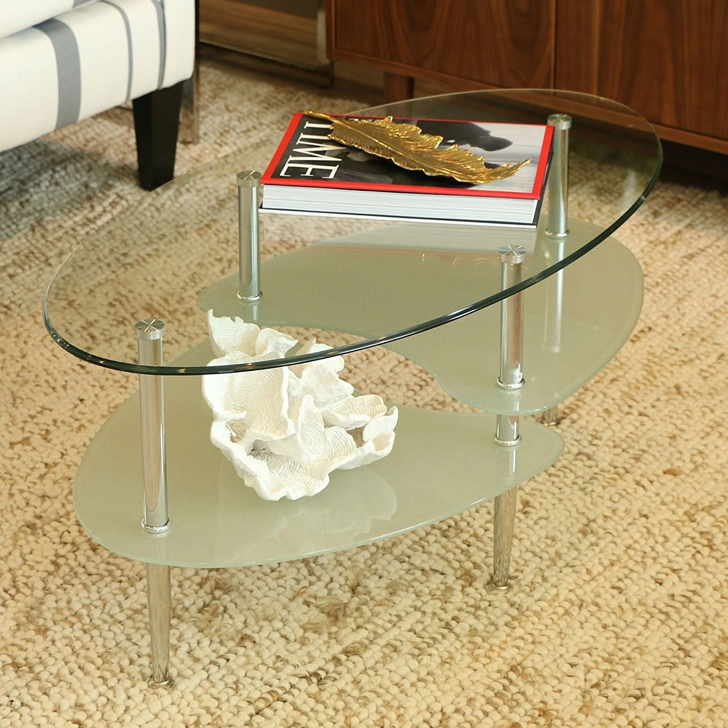 Modern Oval Glass Coffee Table with Chrome Metal Legs - Image 2
