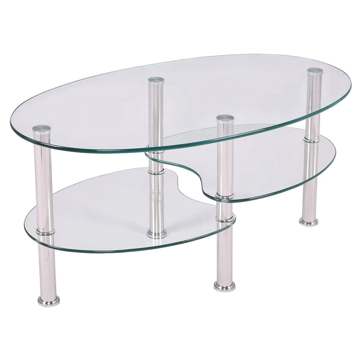 Modern Oval Tempered Glass Coffee Table with Bottom Shelf - Image 2