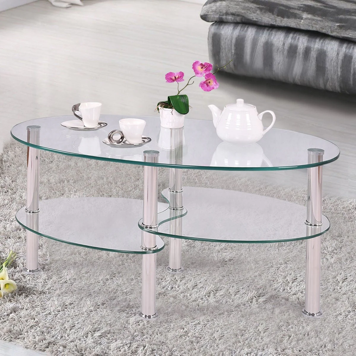 Modern Oval Tempered Glass Coffee Table with Bottom Shelf - Image 5