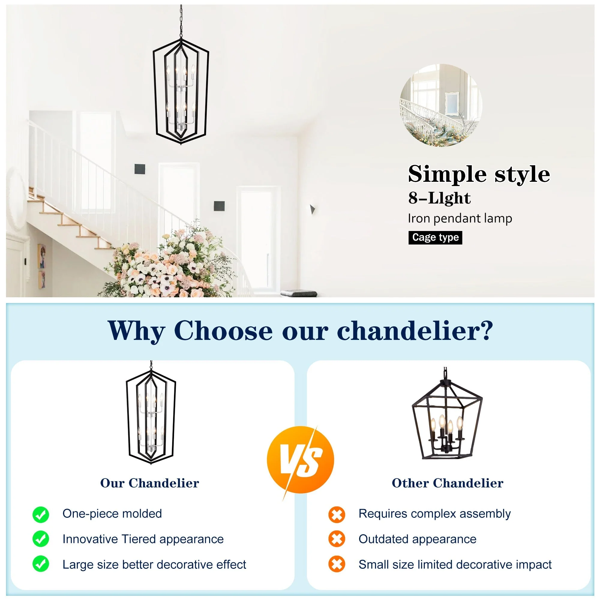 Modern Pendant Lighting with Silver Finish 8-Light Farmhouse Chandelier - Image 5