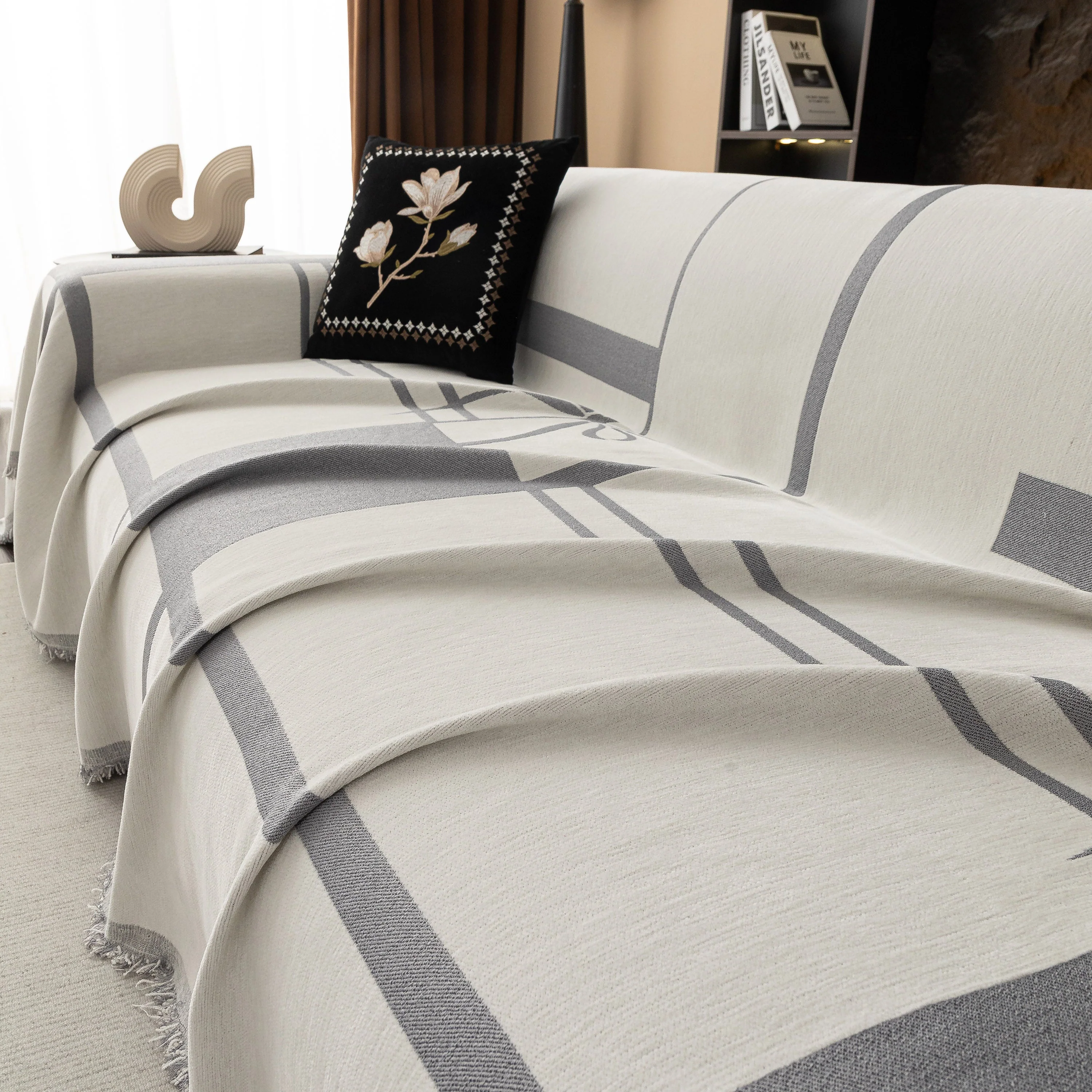 Modern Plaid Heavy Duty Sofa Throw Blanket, Boho Farmhouse Couch Cover with Tassel - Image 35