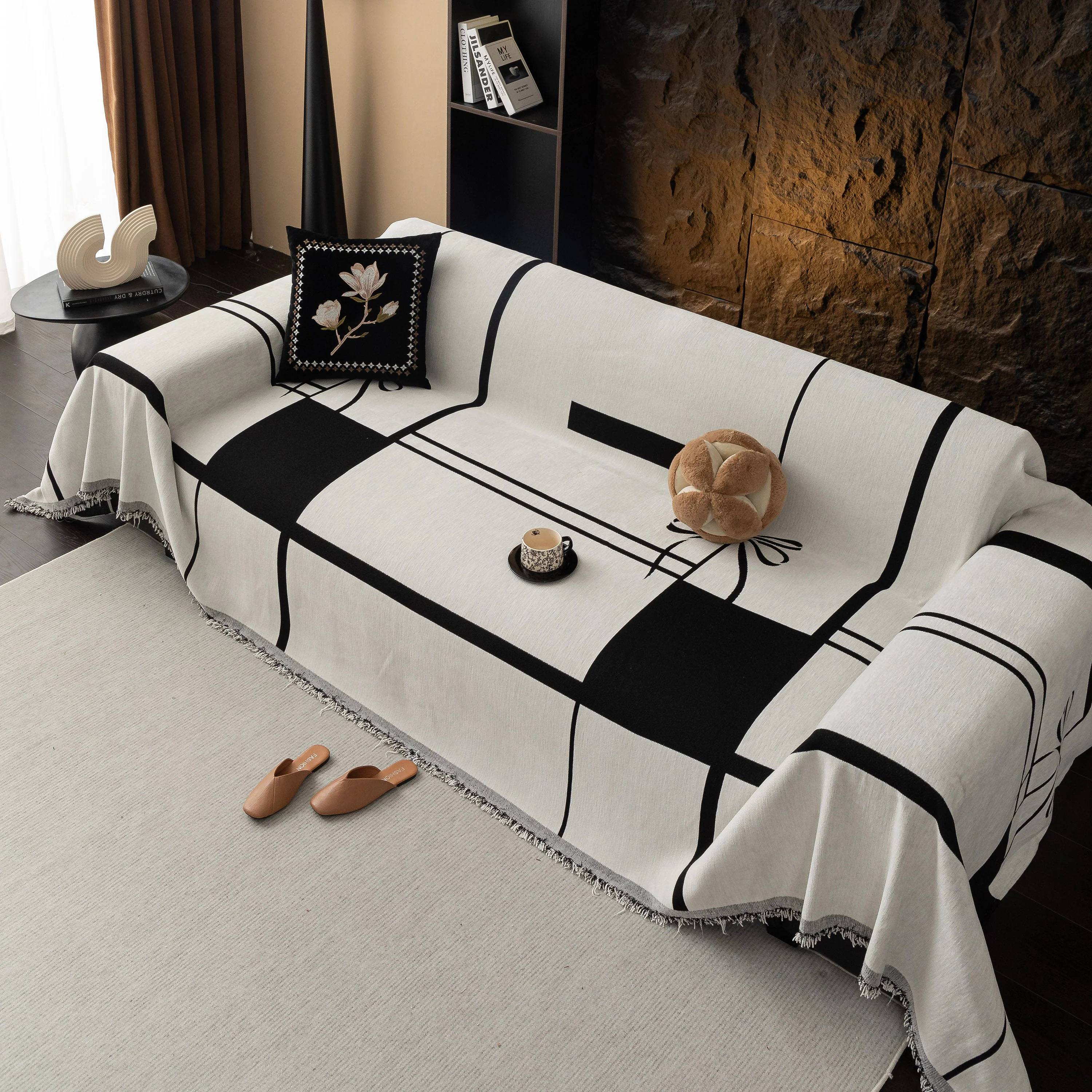 Modern Plaid Heavy Duty Sofa Throw Blanket, Boho Farmhouse Couch Cover with Tassel - Image 4
