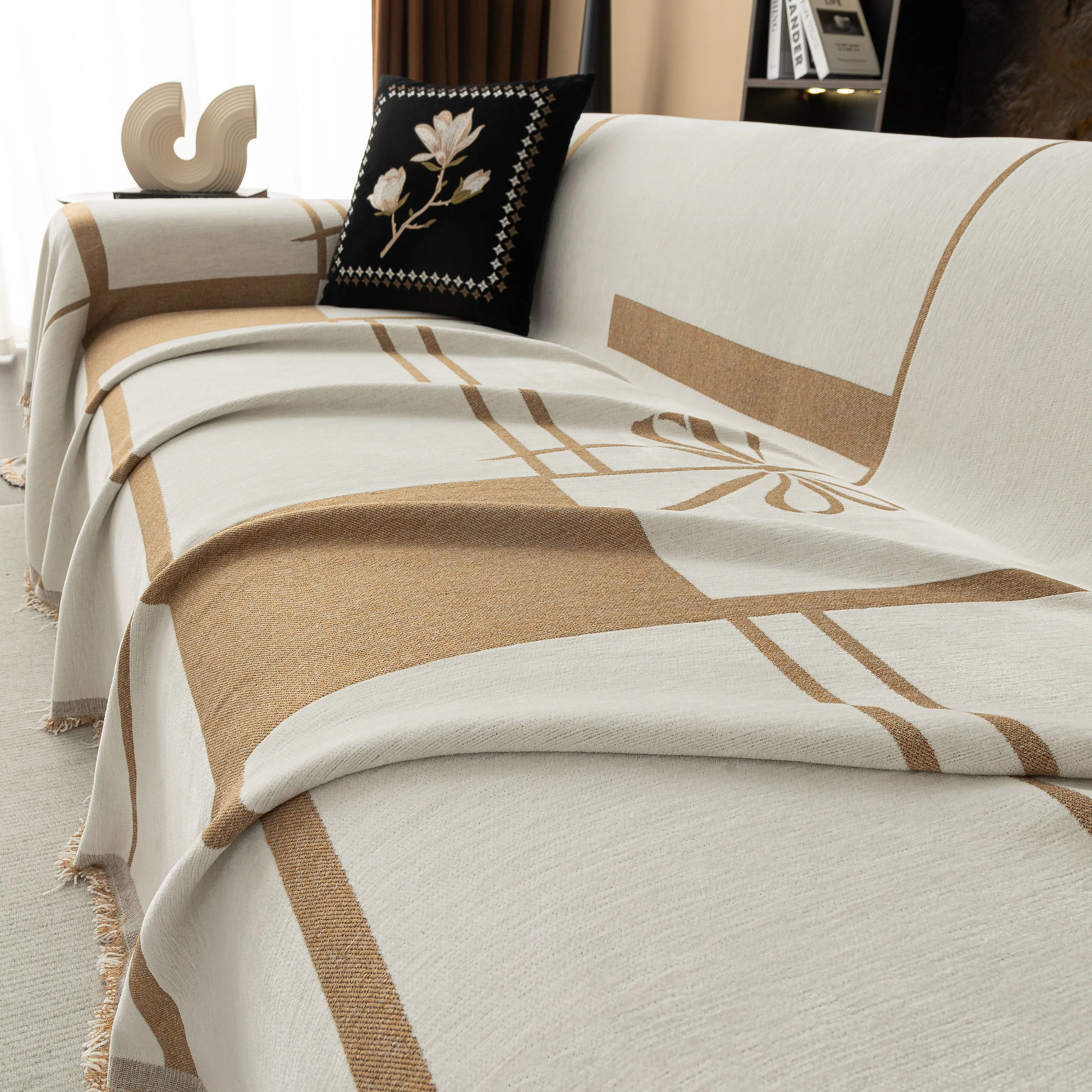 Modern Plaid Heavy Duty Sofa Throw Blanket, Boho Farmhouse Couch Cover with Tassel - Image 52