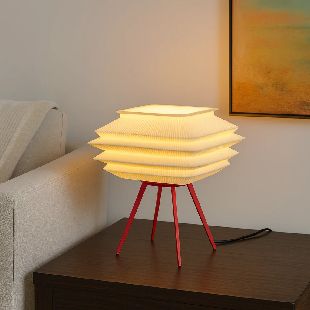 Modern Pleated Table Lamp – 3D Printed LED Desk Light with Red Tripod Base - Image 5