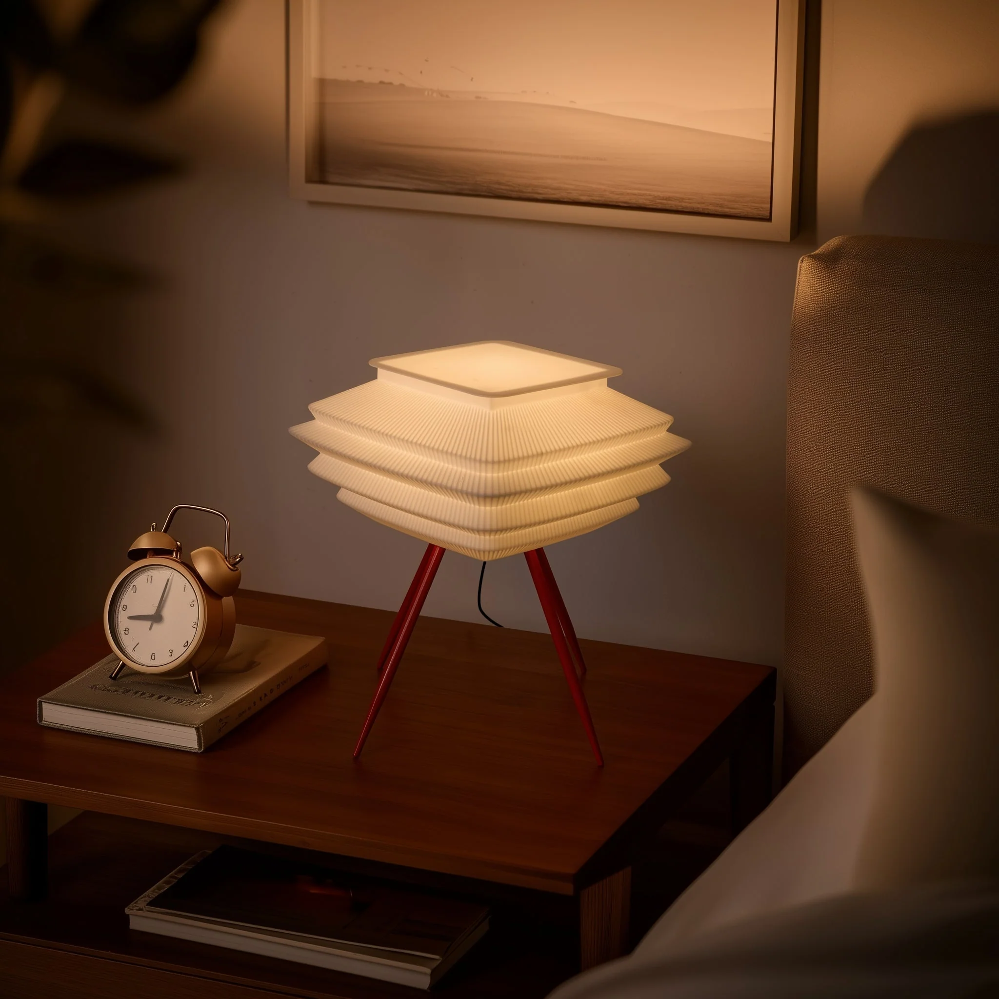 Modern Pleated Table Lamp – 3D Printed LED Desk Light with Red Tripod Base - Image 7
