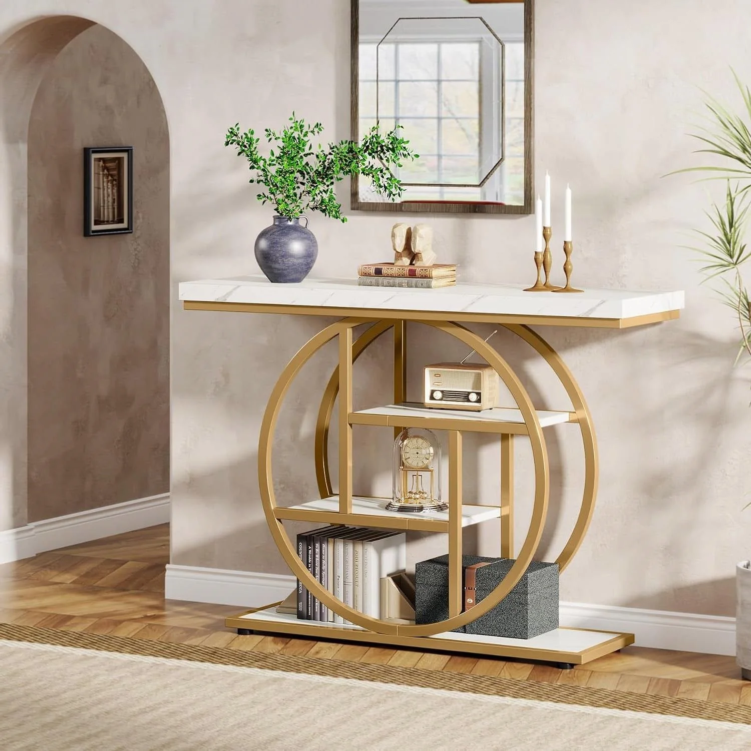 Modern Round Gold Metal Frame Foyer Console Table with White Faux Marble Shelves - Image 2
