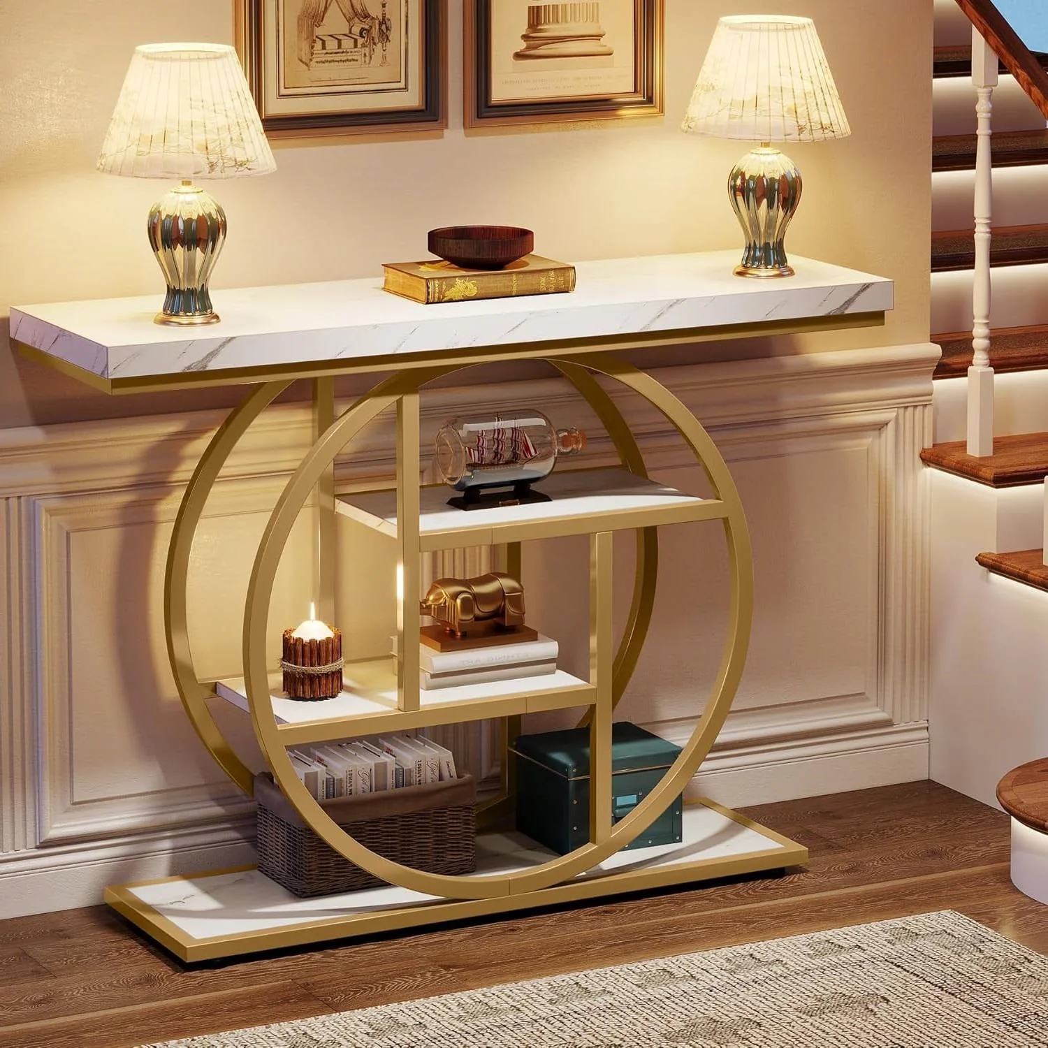 Modern Round Gold Metal Frame Foyer Console Table with White Faux Marble Shelves - Image 3