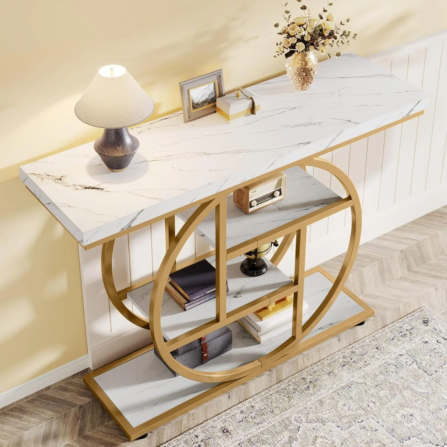 Modern Round Gold Metal Frame Foyer Console Table with White Faux Marble Shelves - Image 4