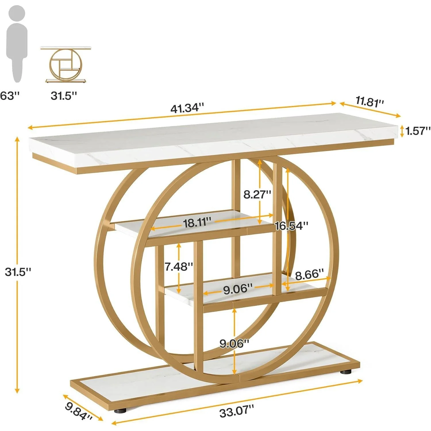 Modern Round Gold Metal Frame Foyer Console Table with White Faux Marble Shelves - Image 5