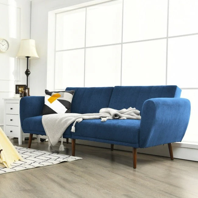 Modern Scandinavian Blue Linen Upholstered Sofa Bed with Wooden Legs - Image 2
