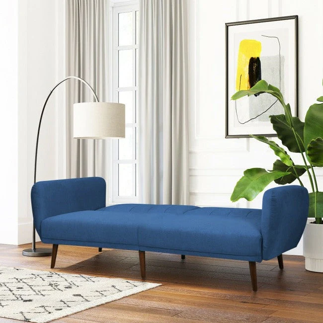 Modern Scandinavian Blue Linen Upholstered Sofa Bed with Wooden Legs - Image 3