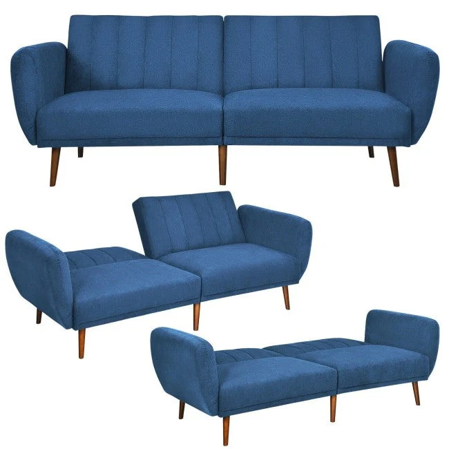 Modern Scandinavian Blue Linen Upholstered Sofa Bed with Wooden Legs - Image 4