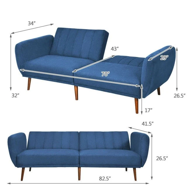 Modern Scandinavian Blue Linen Upholstered Sofa Bed with Wooden Legs - Image 5