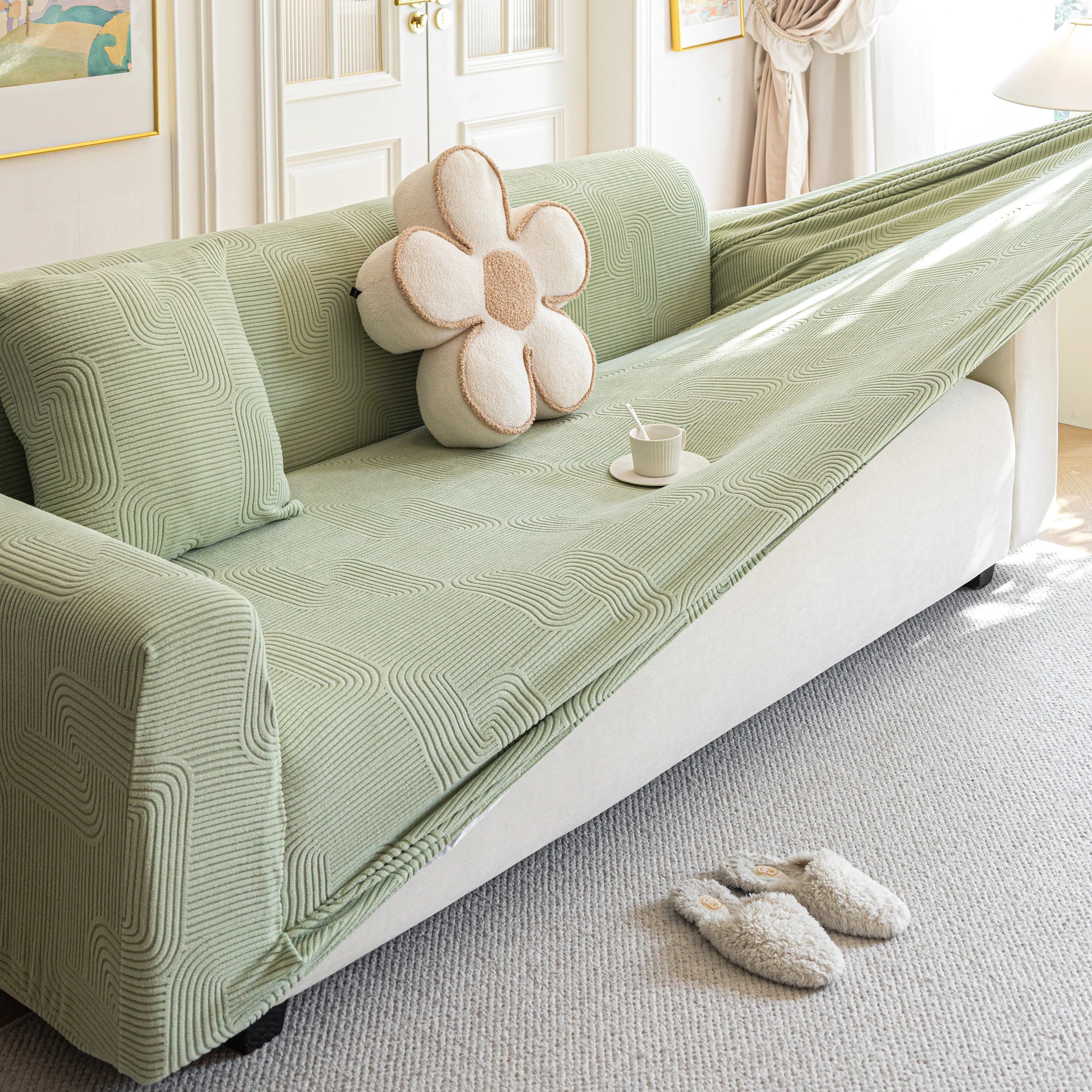 Modern Slipcovers Geometric Textured Stretchable Sofa Cover for Couch with Chaise - Image 101