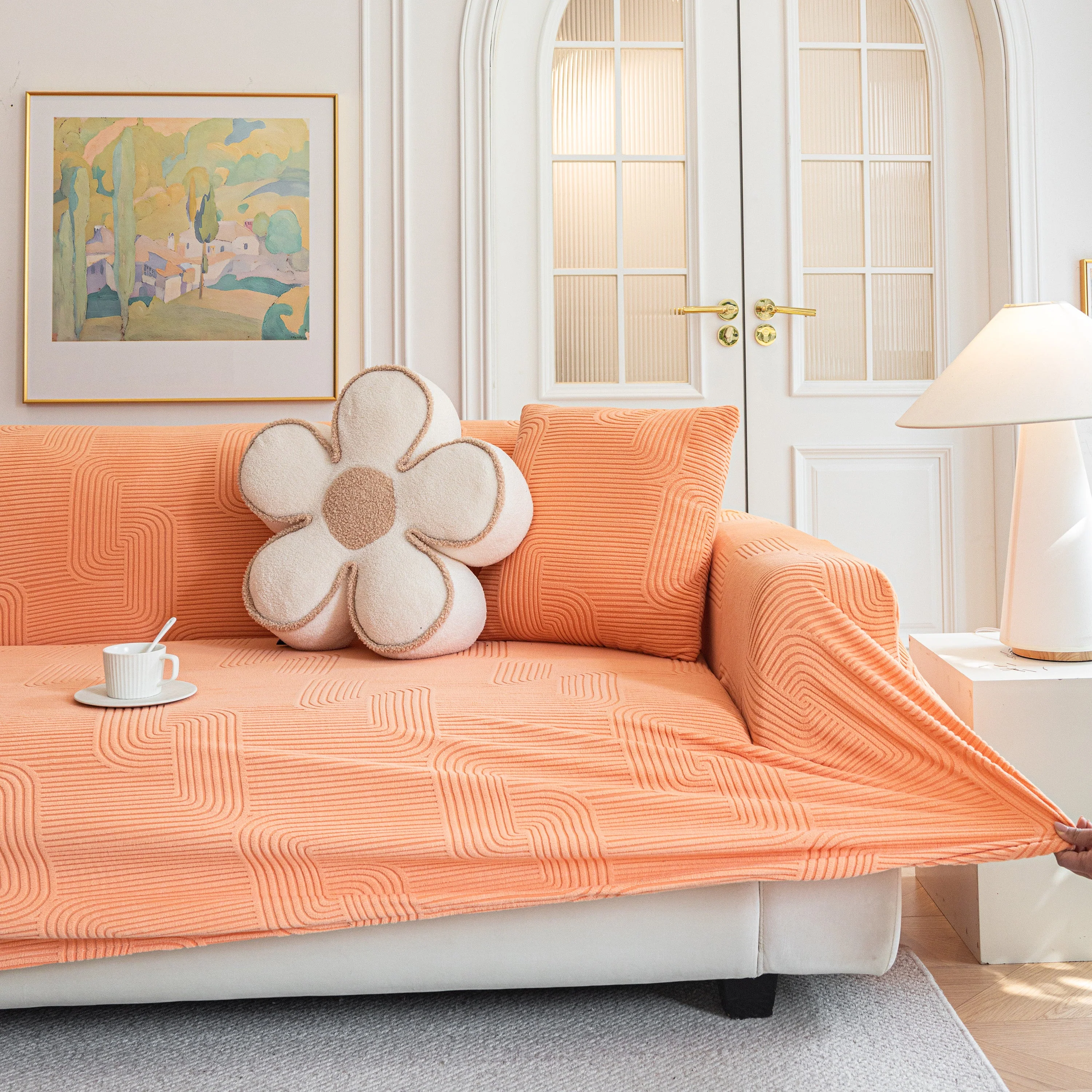 Modern Slipcovers Geometric Textured Stretchable Sofa Cover for Couch with Chaise - Image 105