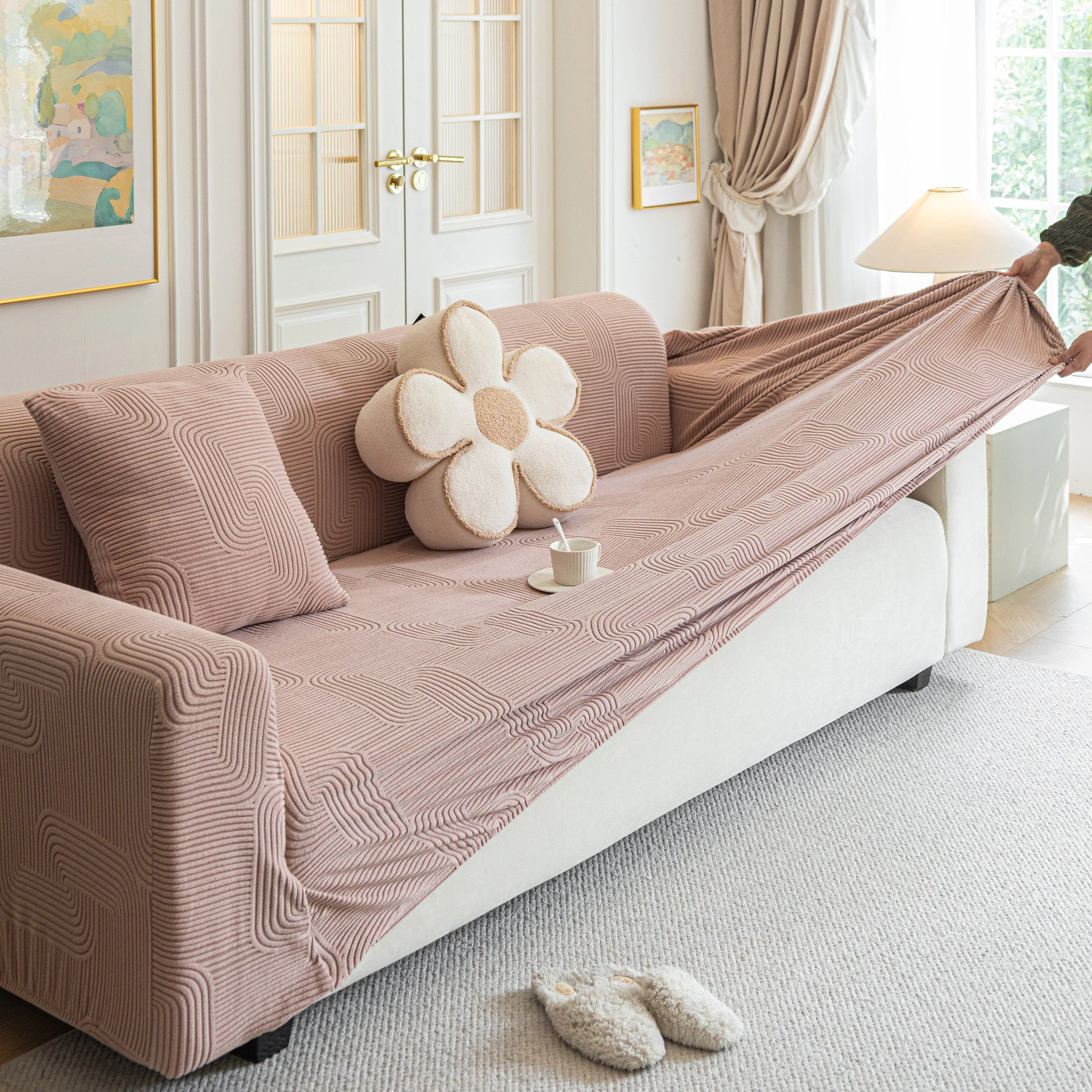 Modern Slipcovers Geometric Textured Stretchable Sofa Cover for Couch with Chaise - Image 17