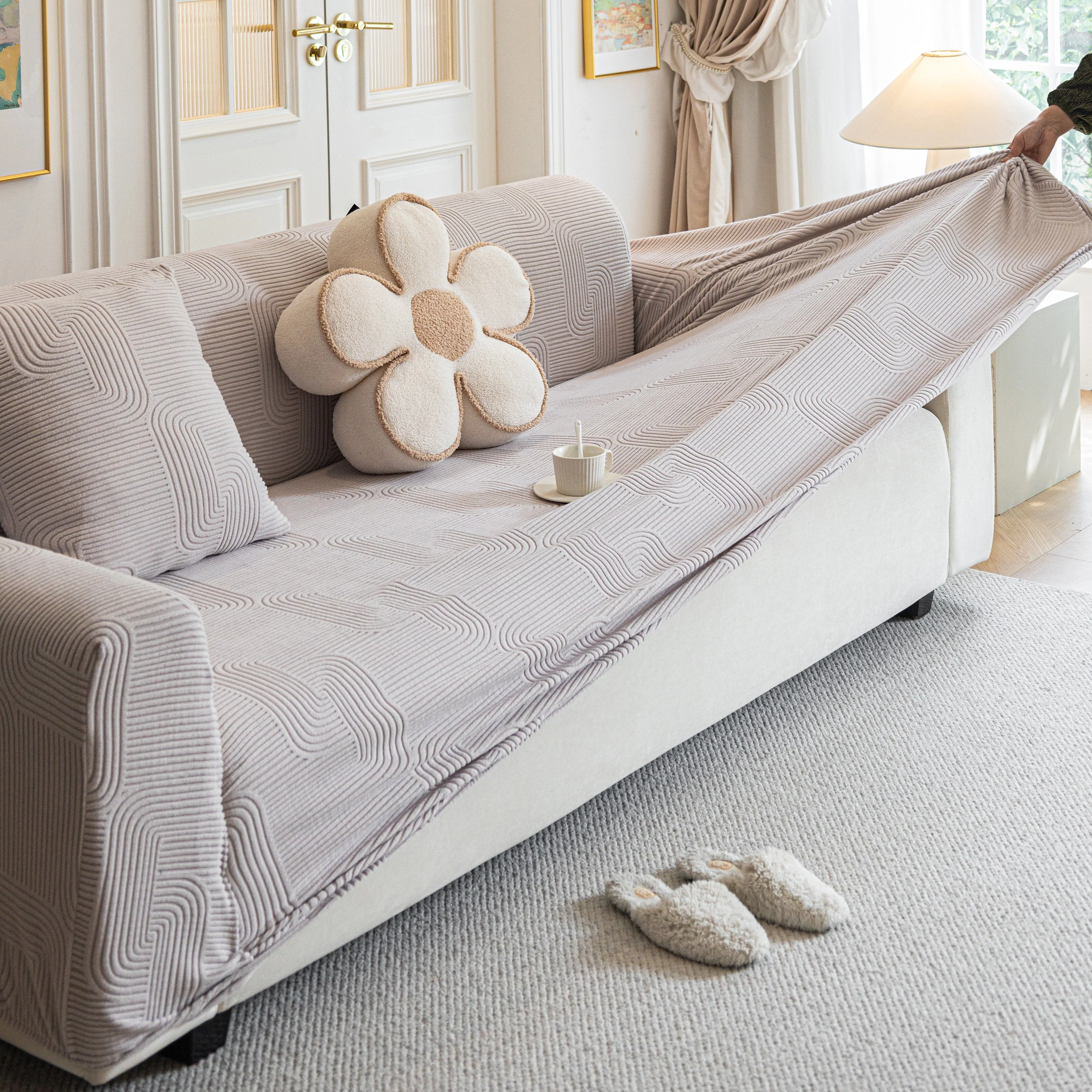 Modern Slipcovers Geometric Textured Stretchable Sofa Cover for Couch with Chaise - Image 19