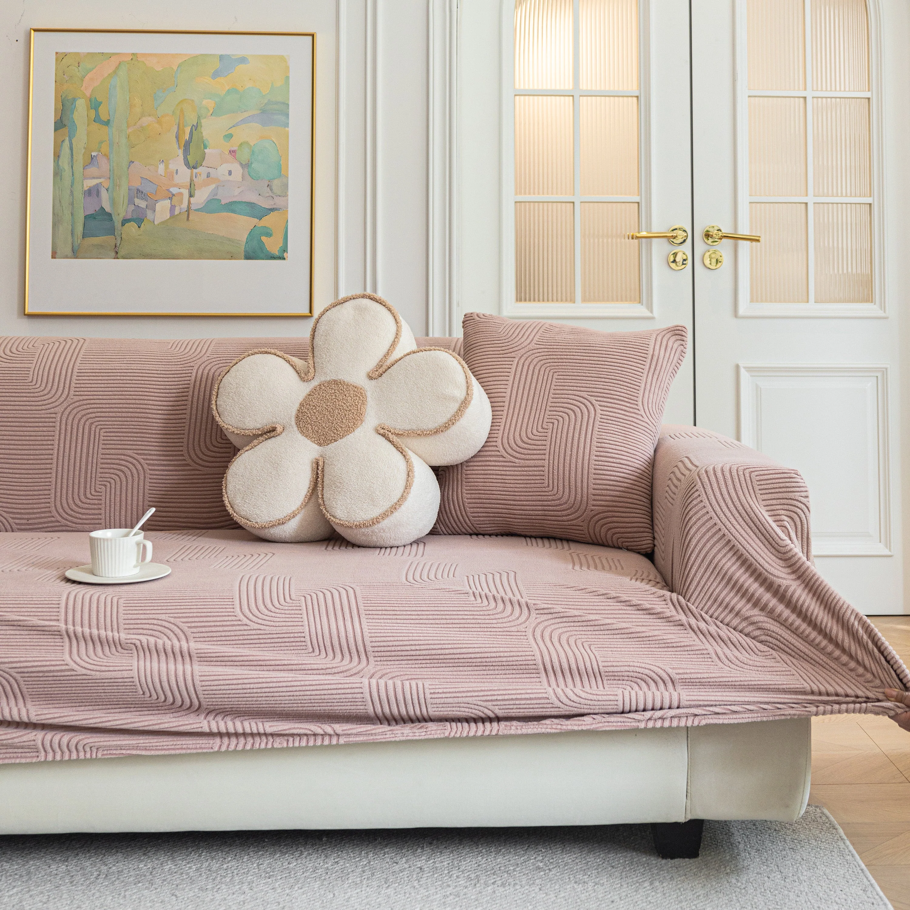 Modern Slipcovers Geometric Textured Stretchable Sofa Cover for Couch with Chaise - Image 2