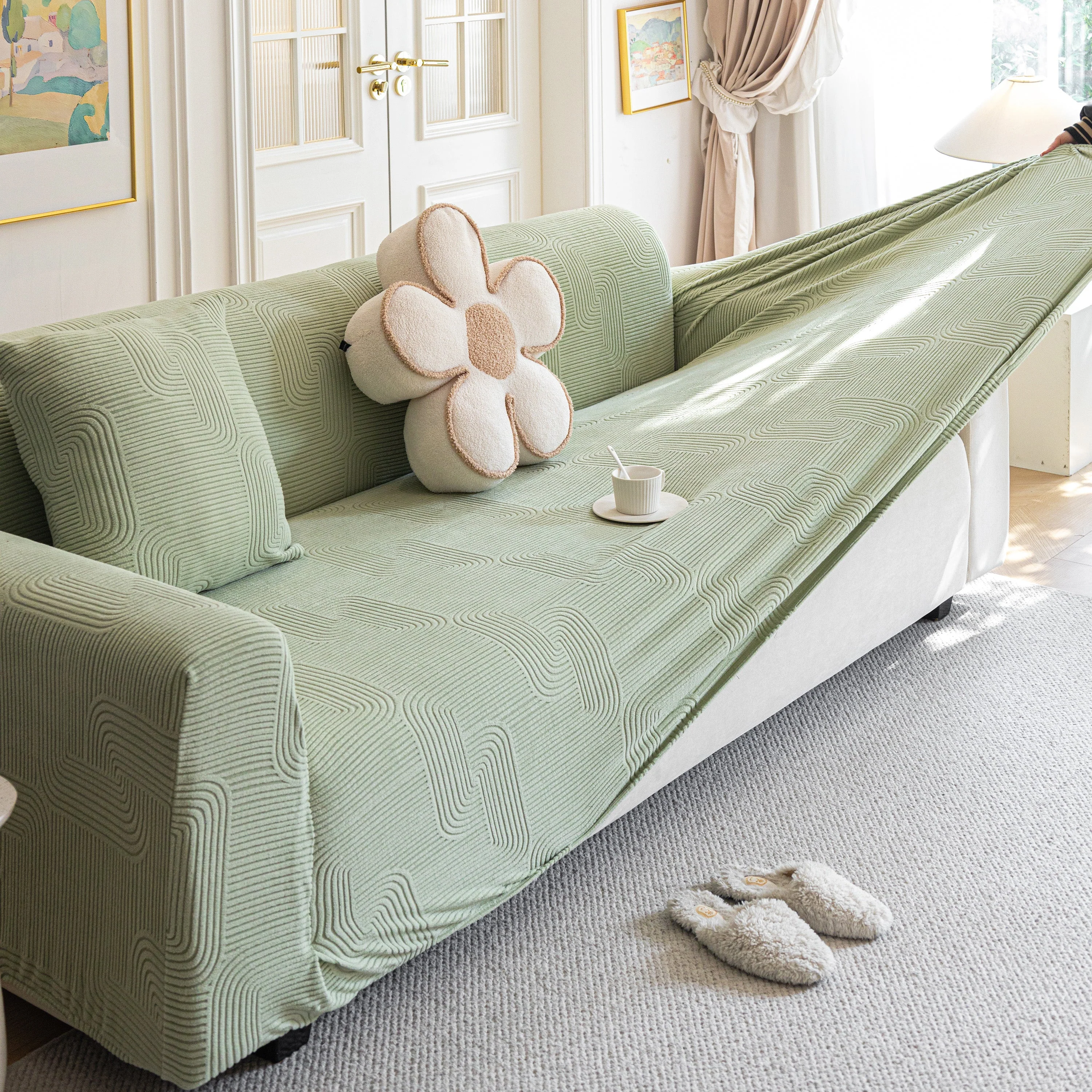 Modern Slipcovers Geometric Textured Stretchable Sofa Cover for Couch with Chaise - Image 20