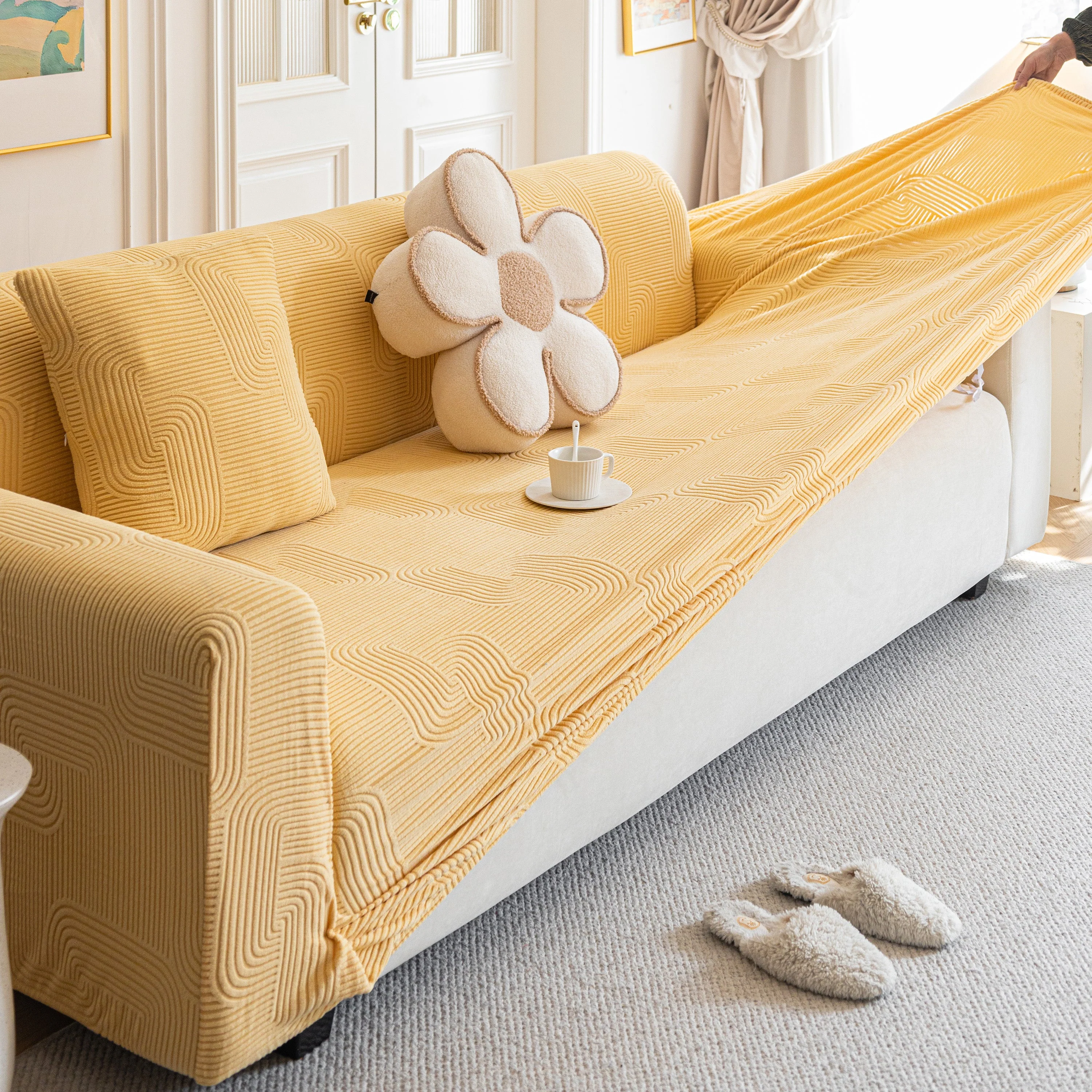 Modern Slipcovers Geometric Textured Stretchable Sofa Cover for Couch with Chaise - Image 21