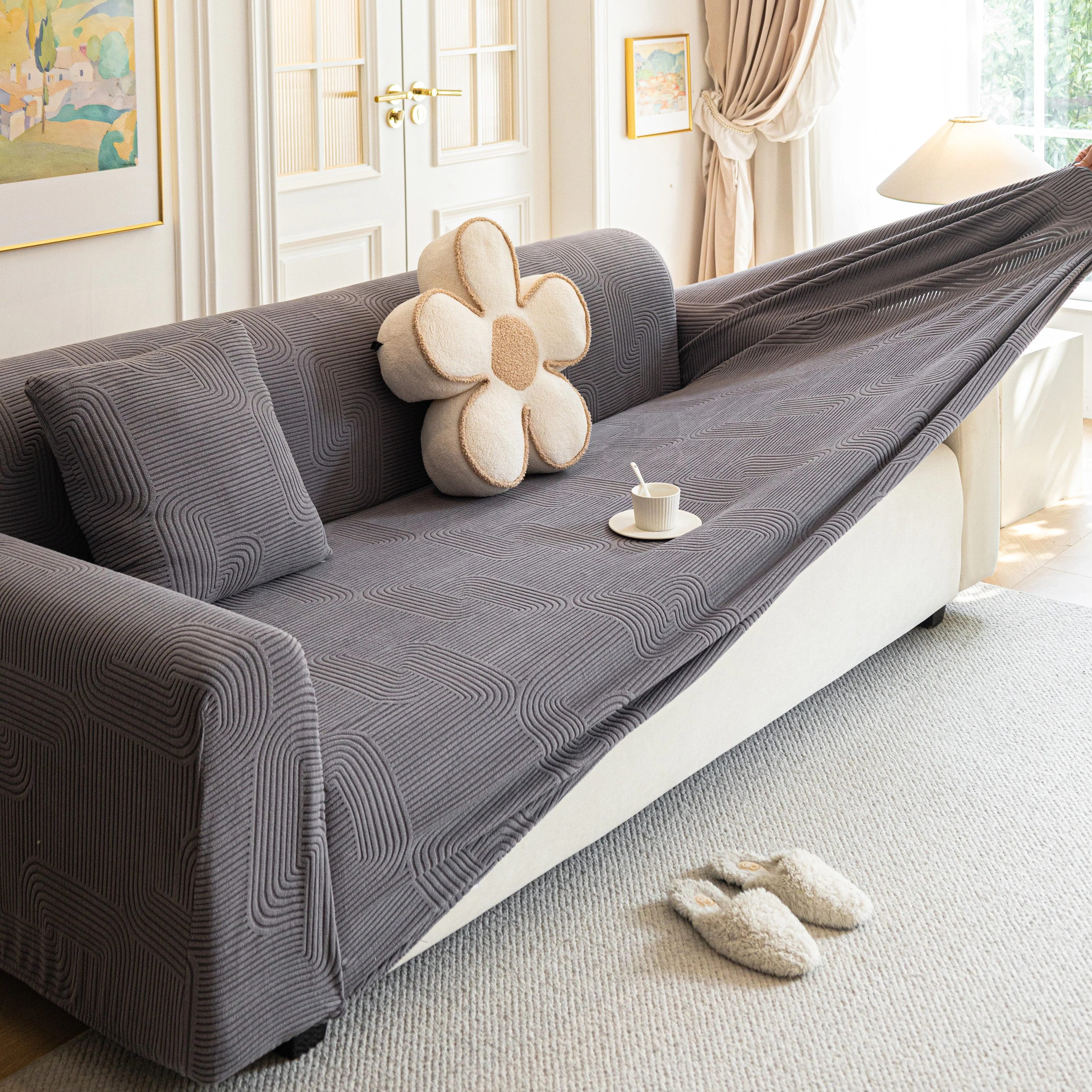 Modern Slipcovers Geometric Textured Stretchable Sofa Cover for Couch with Chaise - Image 22