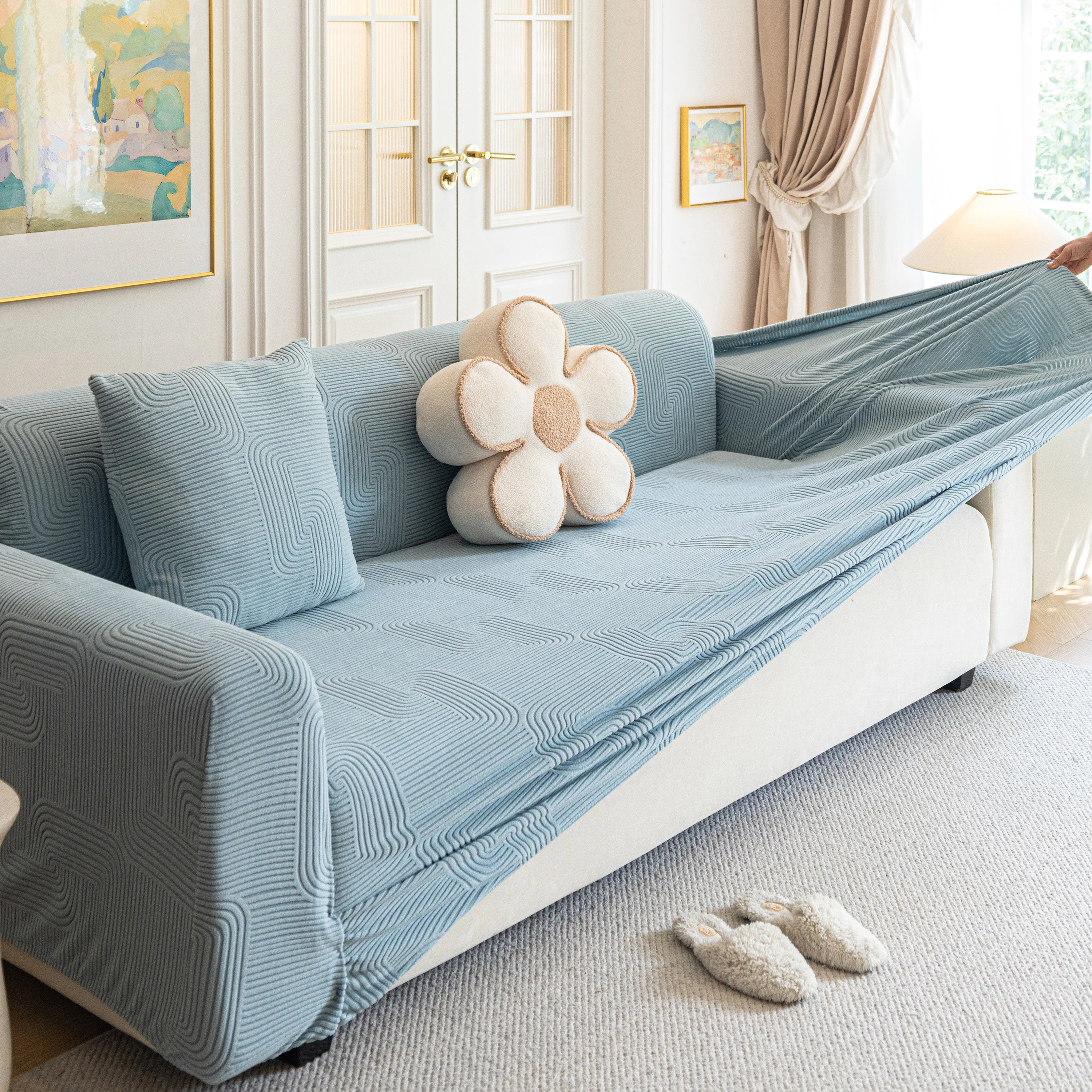 Modern Slipcovers Geometric Textured Stretchable Sofa Cover for Couch with Chaise - Image 23