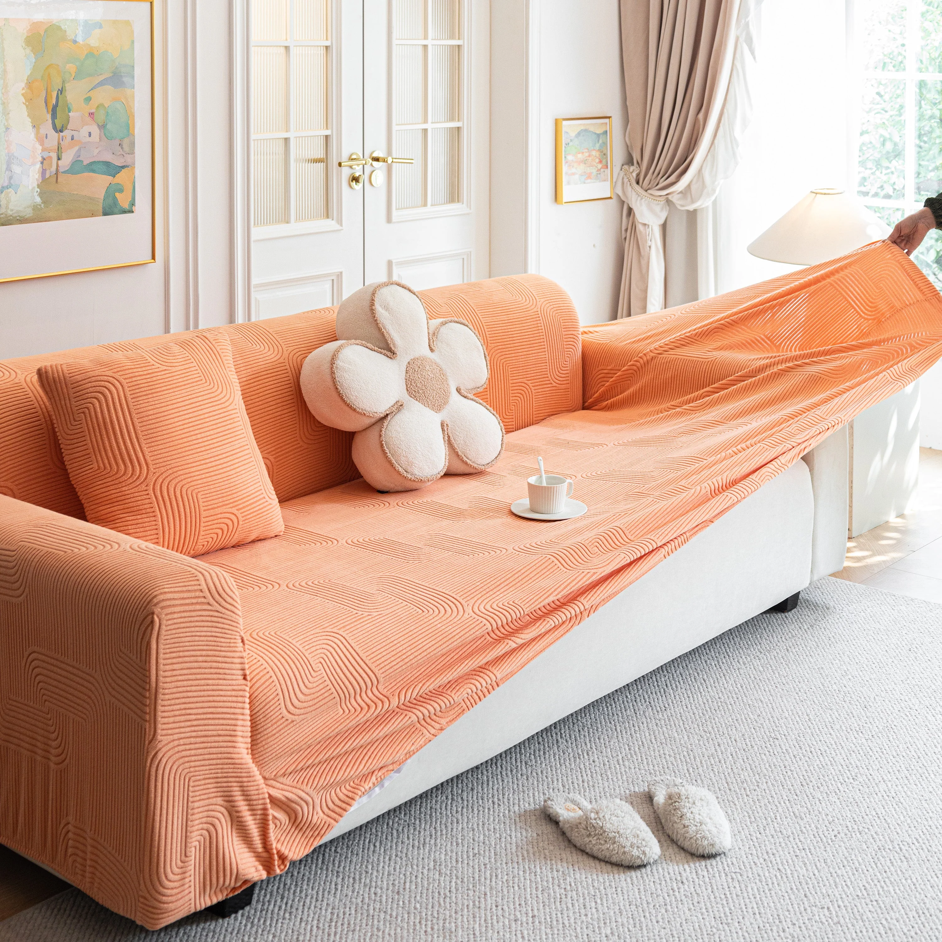 Modern Slipcovers Geometric Textured Stretchable Sofa Cover for Couch with Chaise - Image 24