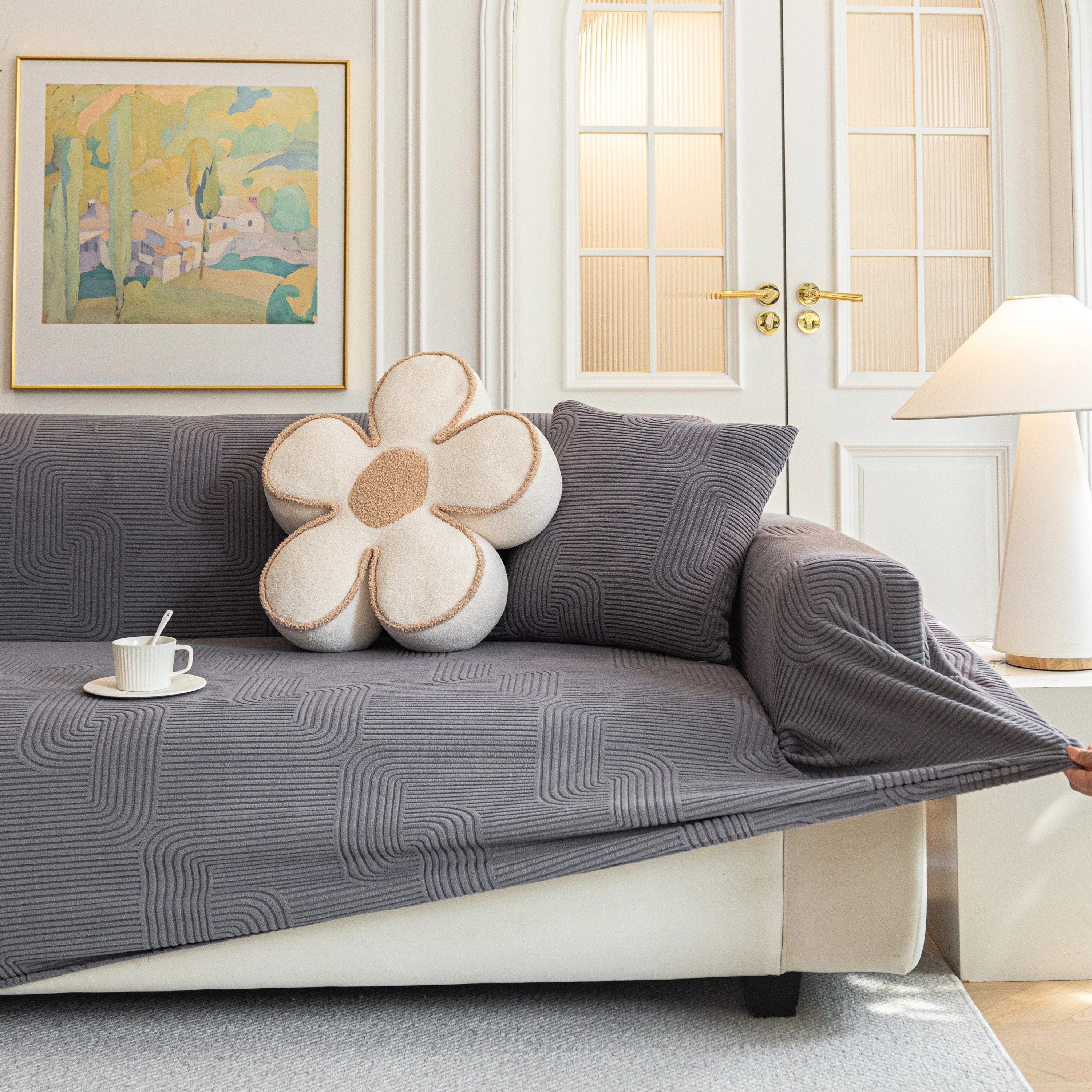 Modern Slipcovers Geometric Textured Stretchable Sofa Cover for Couch with Chaise - Image 40