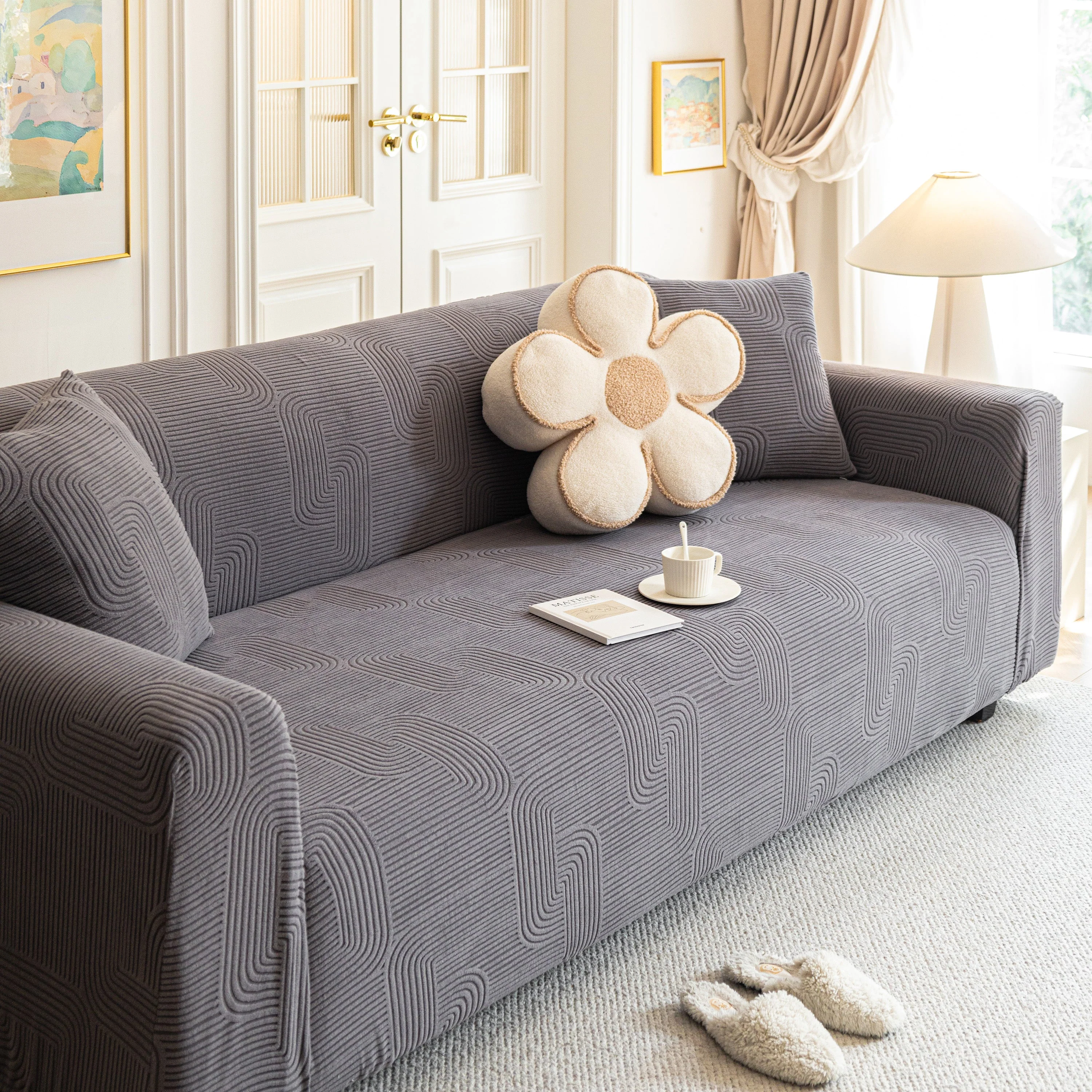 Modern Slipcovers Geometric Textured Stretchable Sofa Cover for Couch with Chaise - Image 42