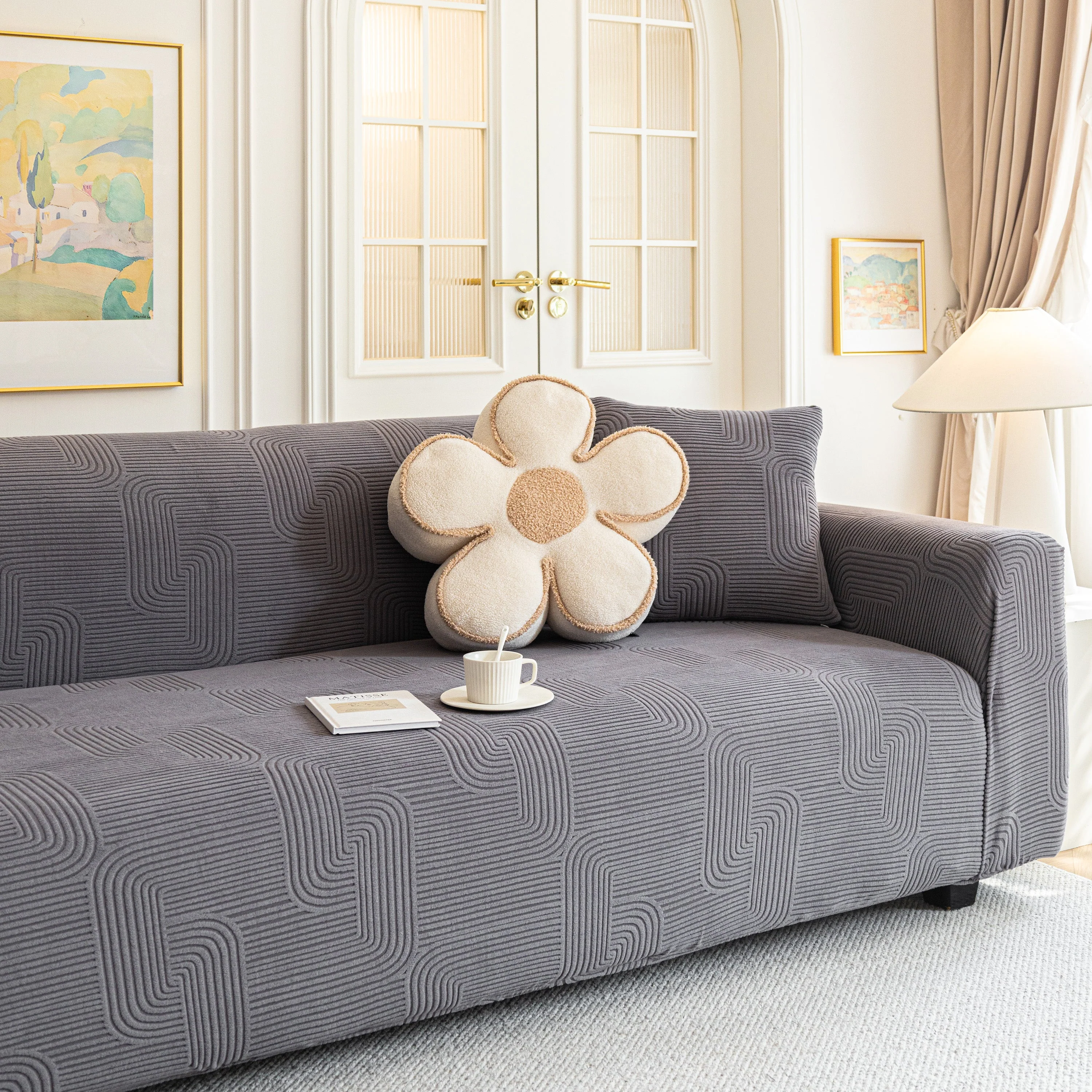 Modern Slipcovers Geometric Textured Stretchable Sofa Cover for Couch with Chaise - Image 43