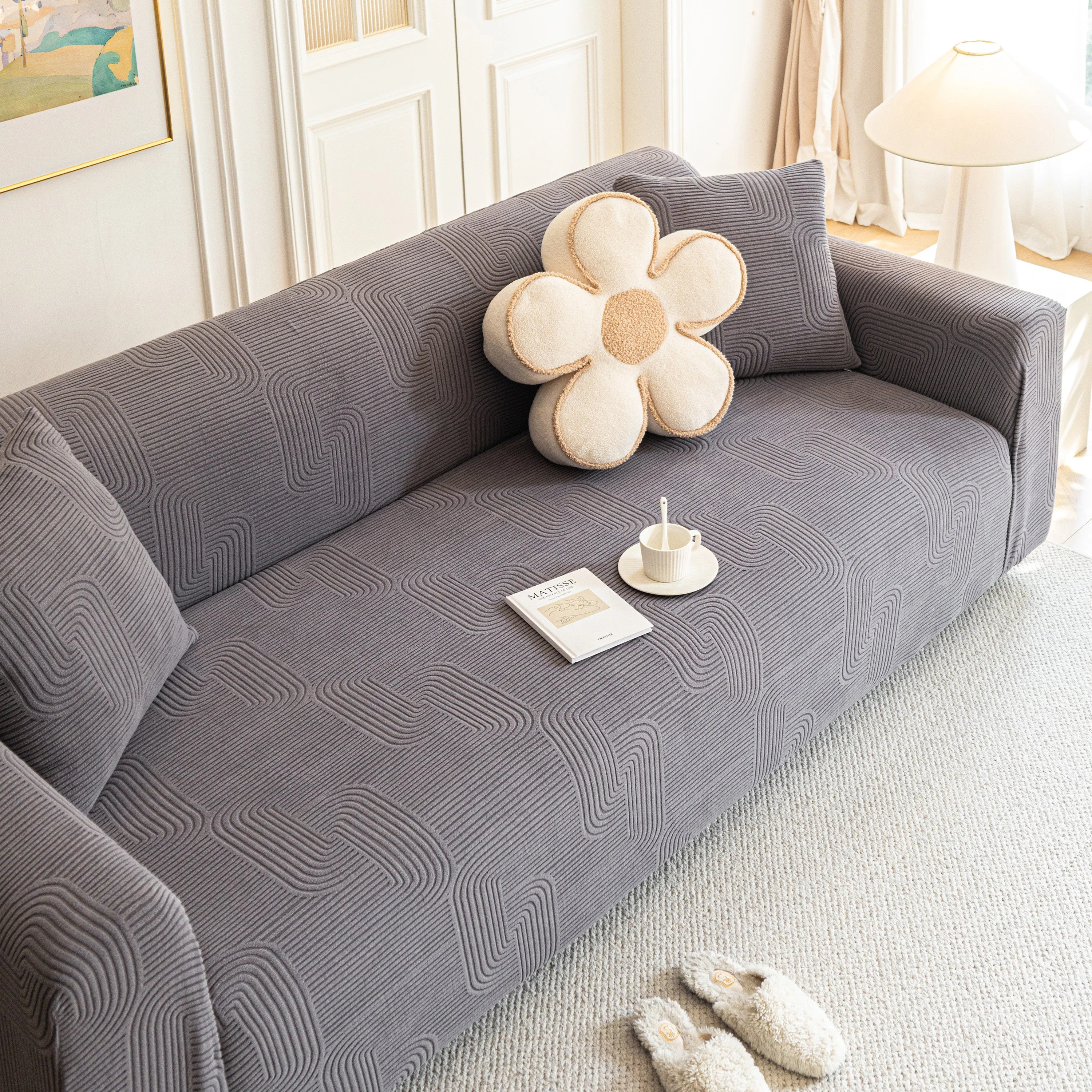 Modern Slipcovers Geometric Textured Stretchable Sofa Cover for Couch with Chaise - Image 44