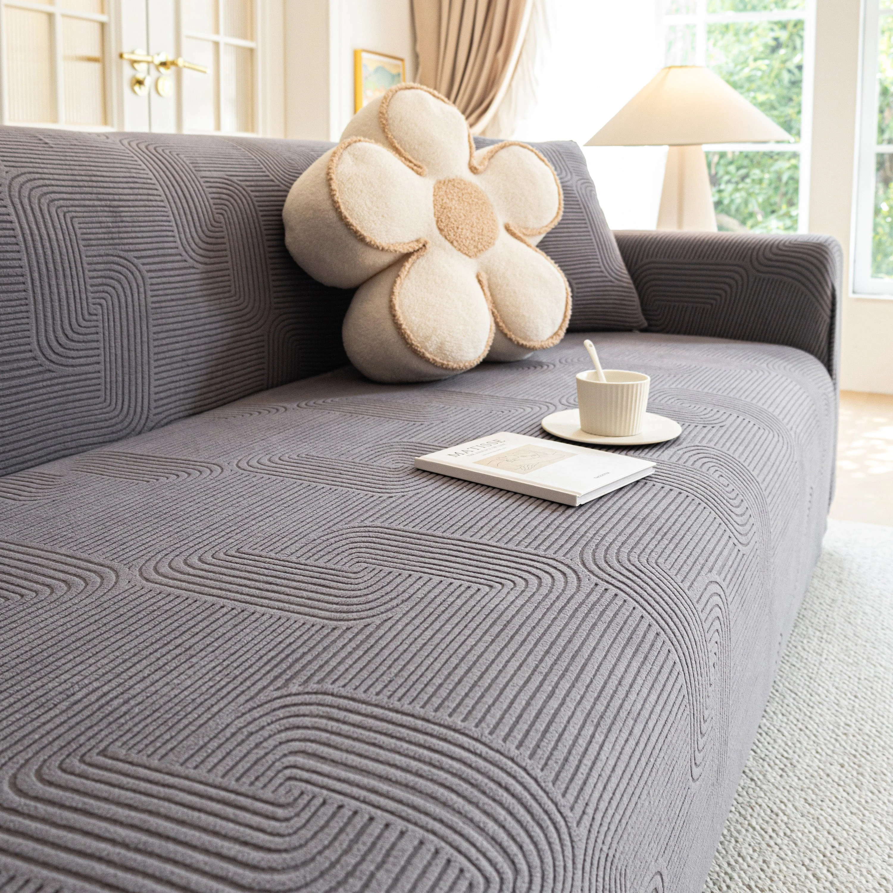 Modern Slipcovers Geometric Textured Stretchable Sofa Cover for Couch with Chaise - Image 45