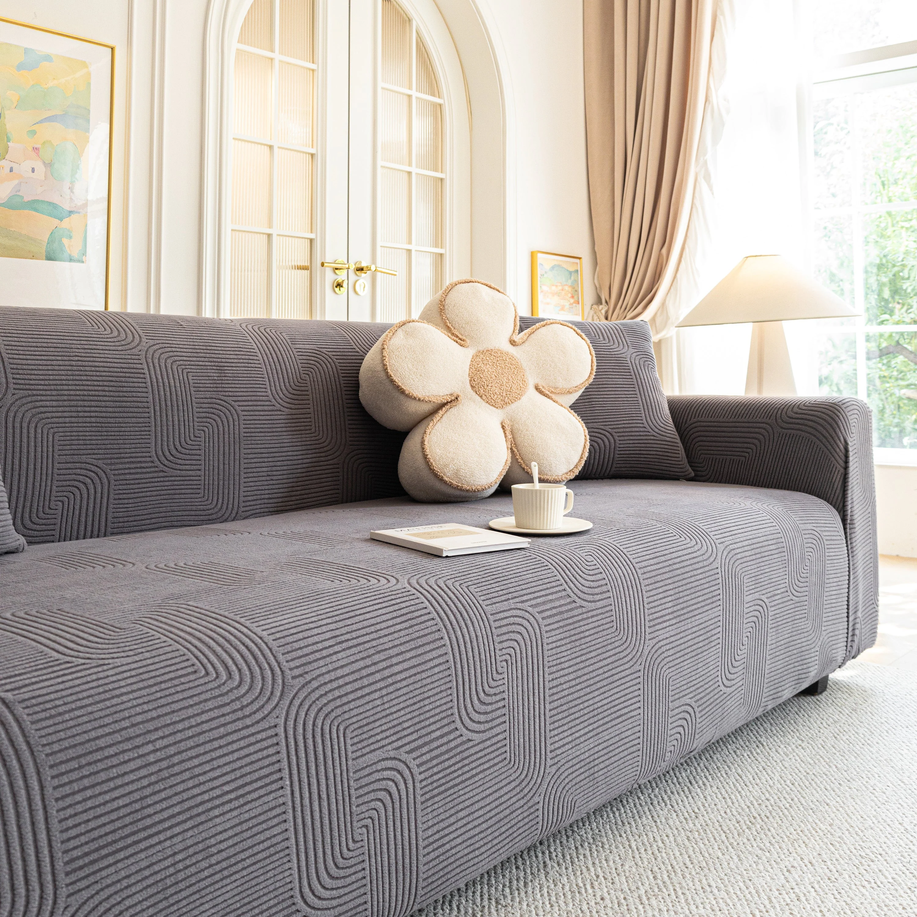 Modern Slipcovers Geometric Textured Stretchable Sofa Cover for Couch with Chaise - Image 46
