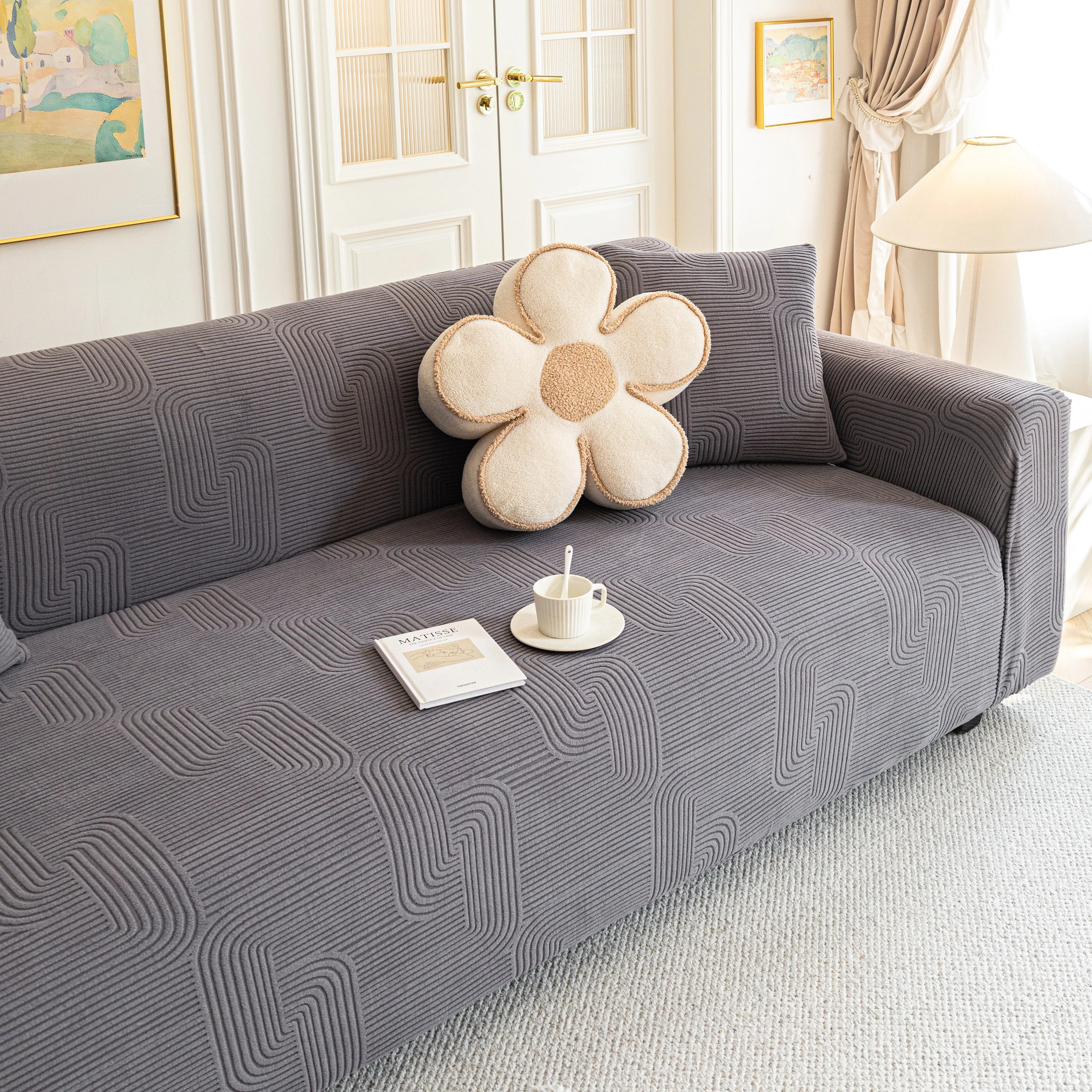 Modern Slipcovers Geometric Textured Stretchable Sofa Cover for Couch with Chaise - Image 53