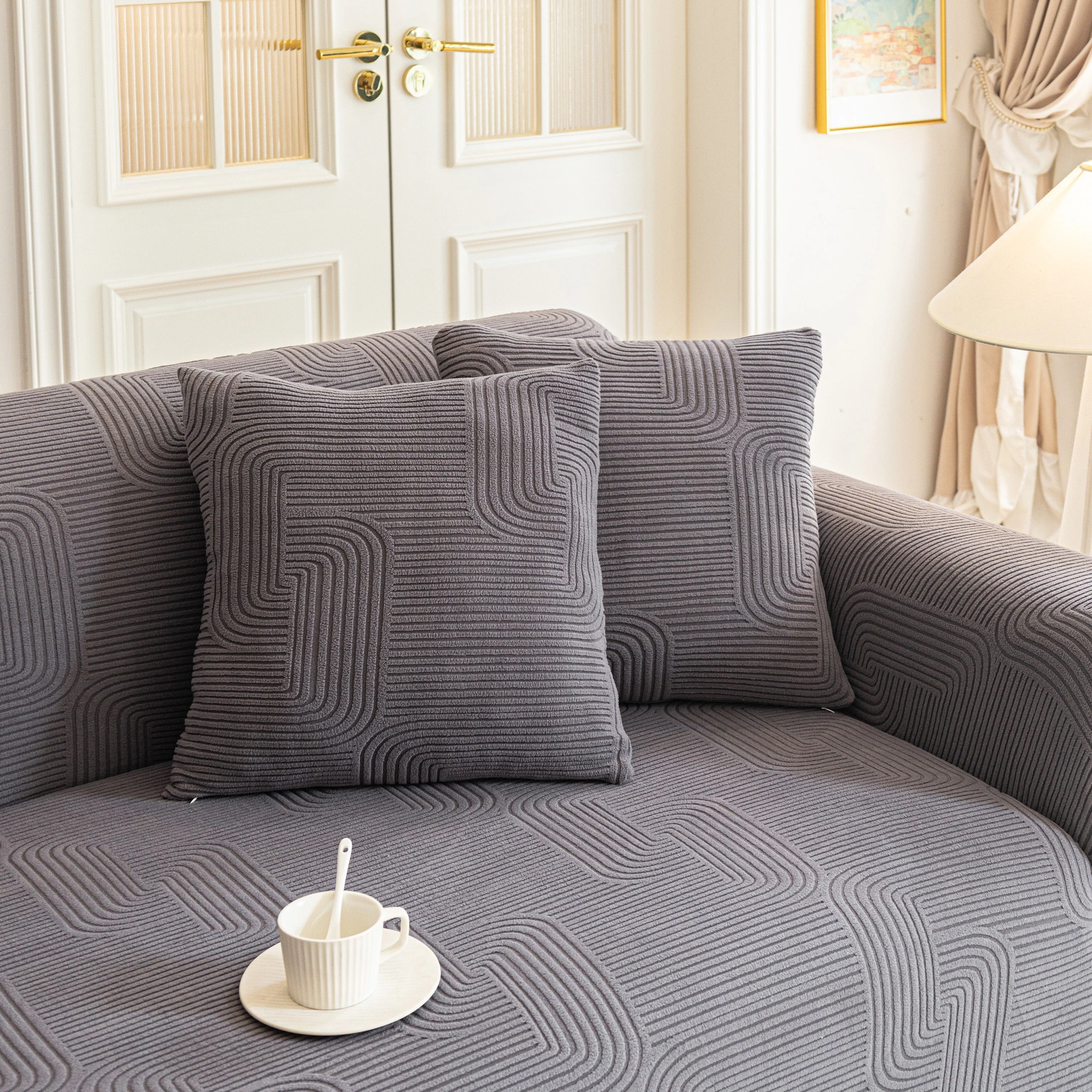 Modern Slipcovers Geometric Textured Stretchable Sofa Cover for Couch with Chaise - Image 54